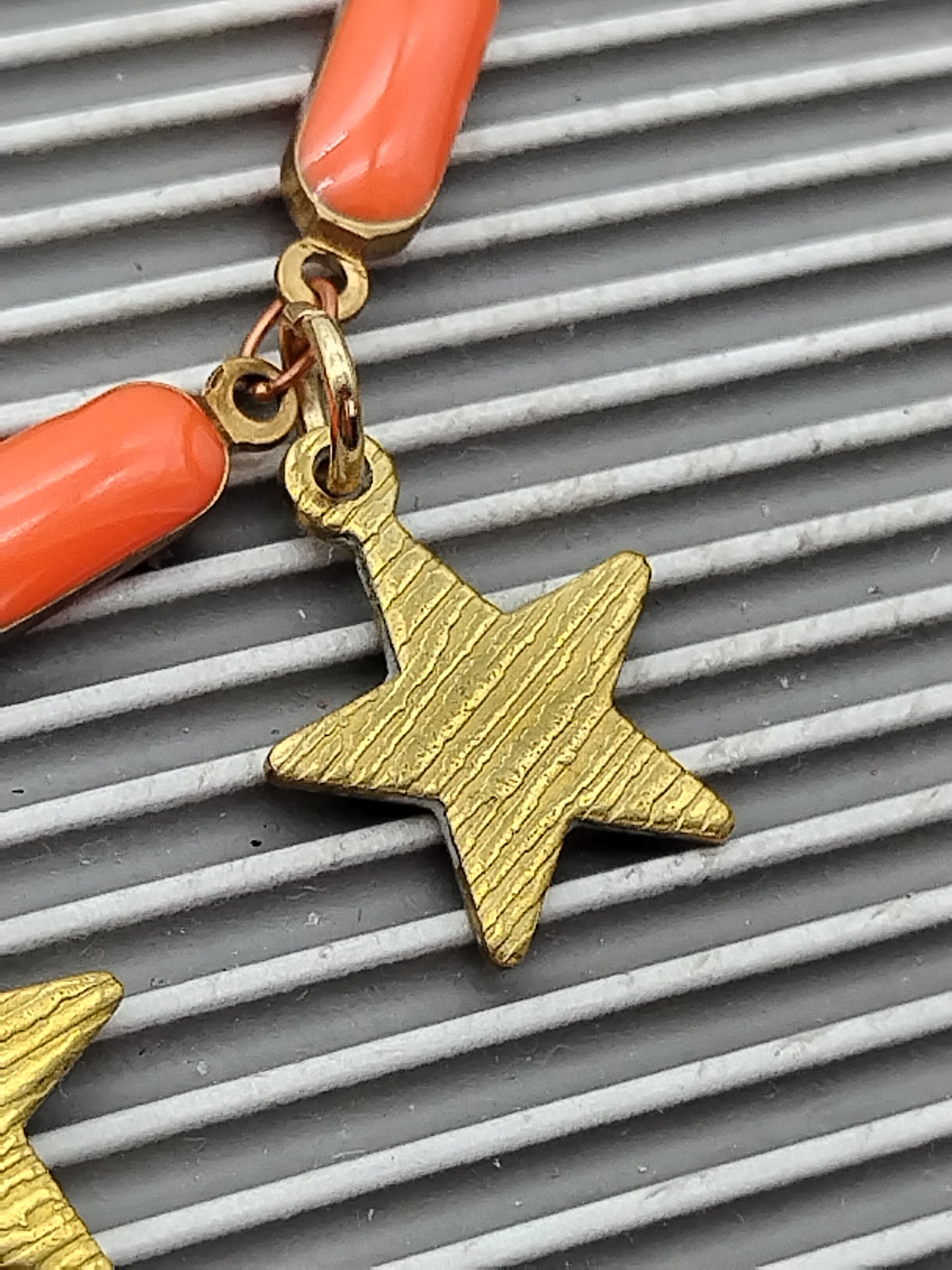 Star & Gingko Charm Bracelet, Enamel Puffed Bar Bracelet, Orange and White Bracelet