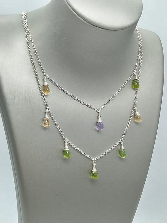 Gemstone Briolette Dangle Necklace, Sterling Silver Necklace, Perdiot, Citrine, Amethyst