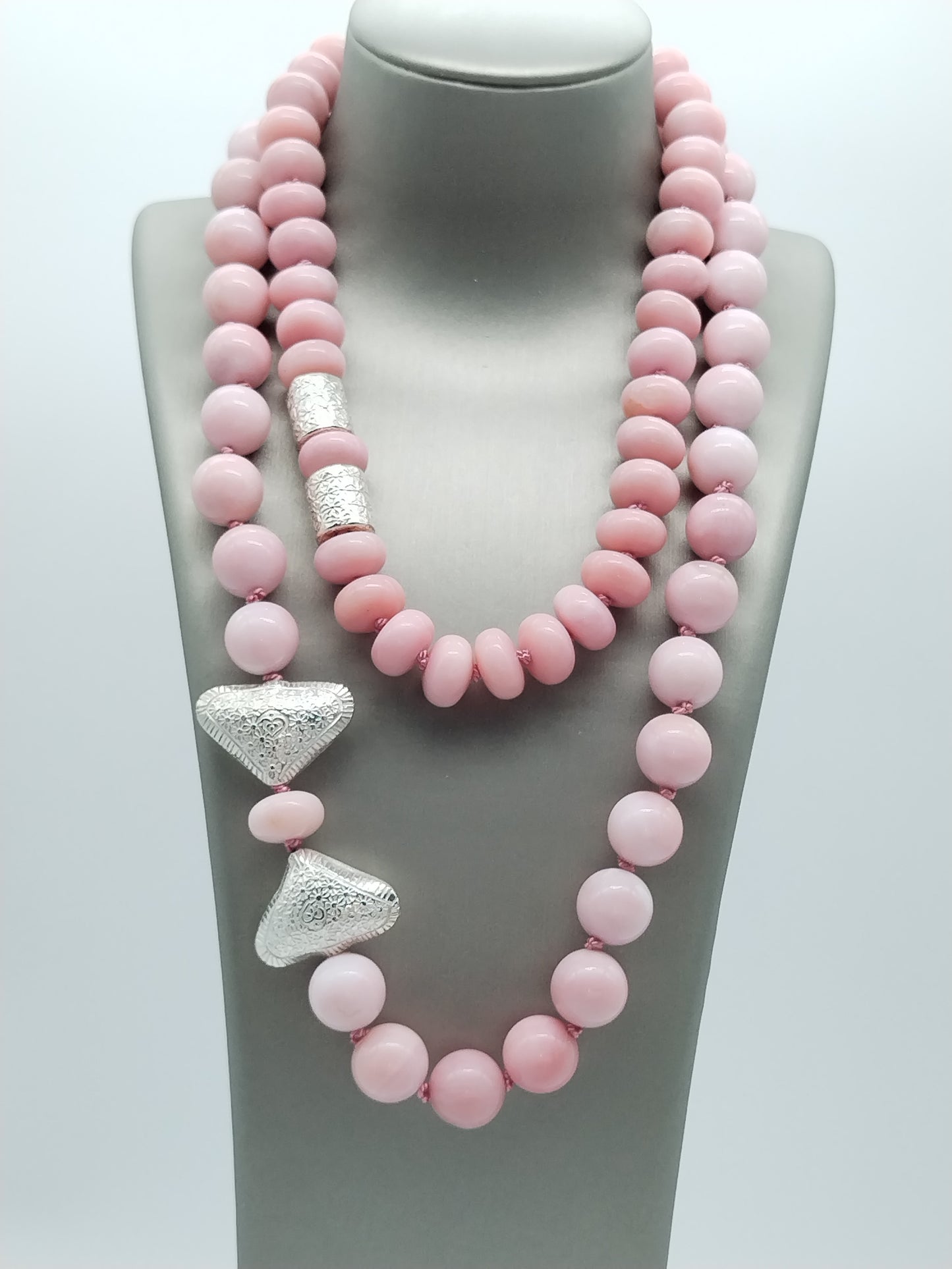 Genuine Peruvian Pink Opal Rondell Necklace, Large Bead sterling Silver Necklace, Chunky Han Knotted Choker