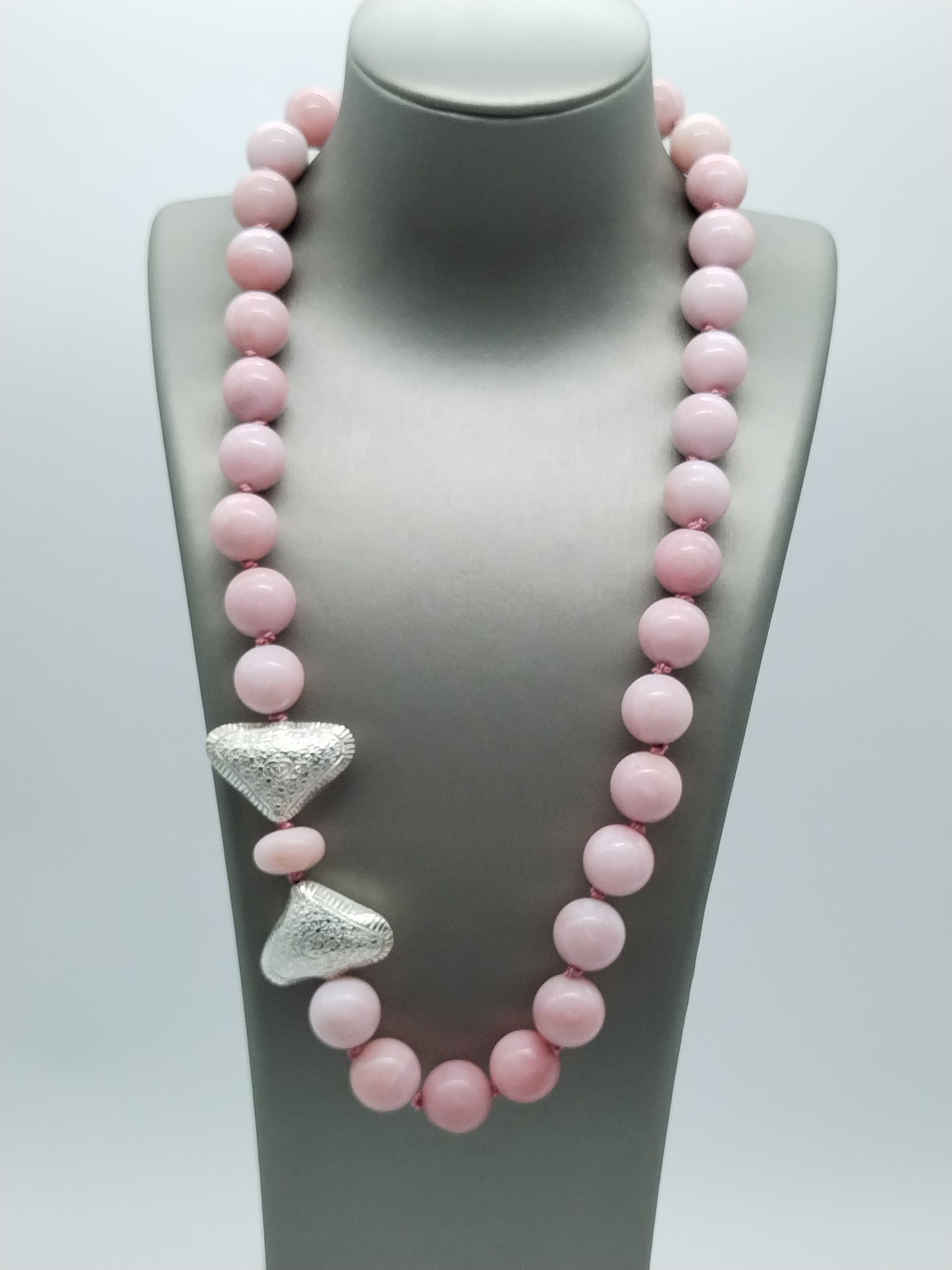 Chunky Peruvian Pink Opal Necklace, Sterling Silver Karen Hill Tribe Heart Choker, Hand Knotted Silk Necklace