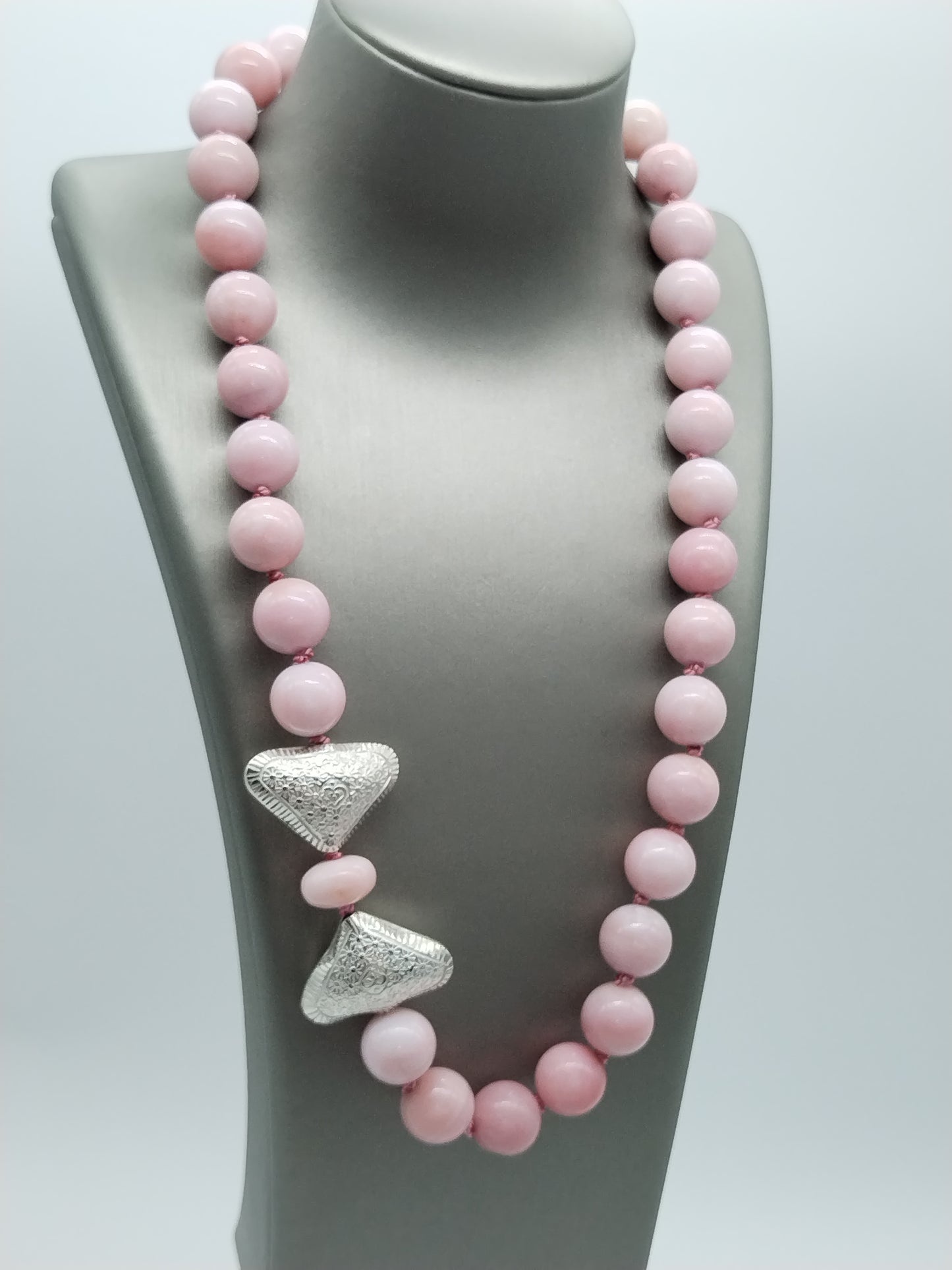 Chunky Peruvian Pink Opal Necklace, Sterling Silver Karen Hill Tribe Heart Choker, Hand Knotted Silk Necklace