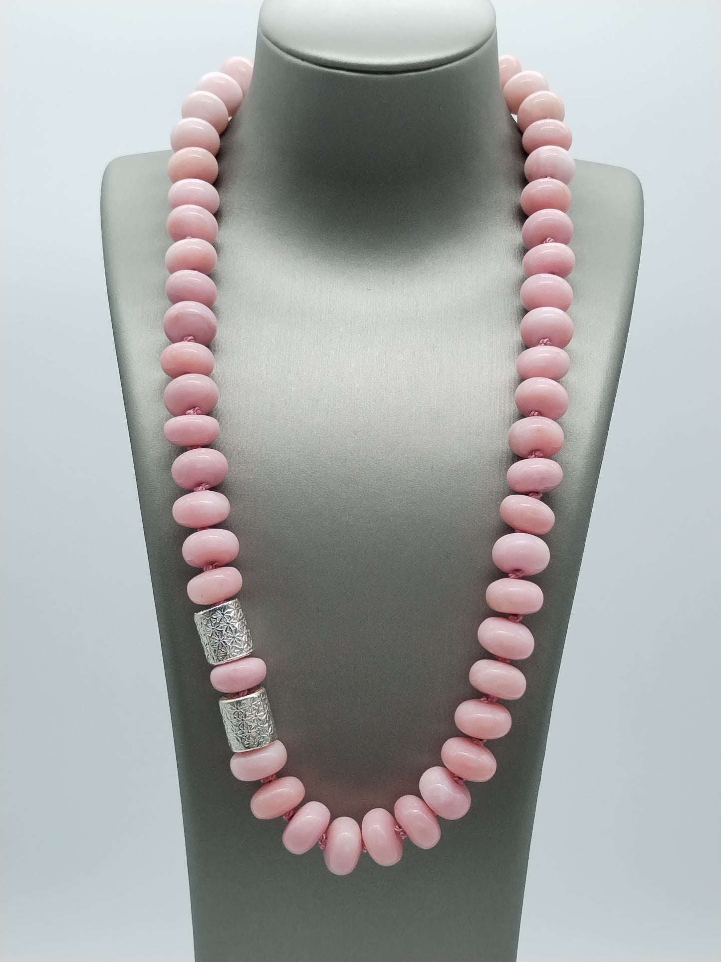 Genuine Peruvian Pink Opal Rondell Necklace, Large Bead sterling Silver Necklace, Chunky Han Knotted Choker