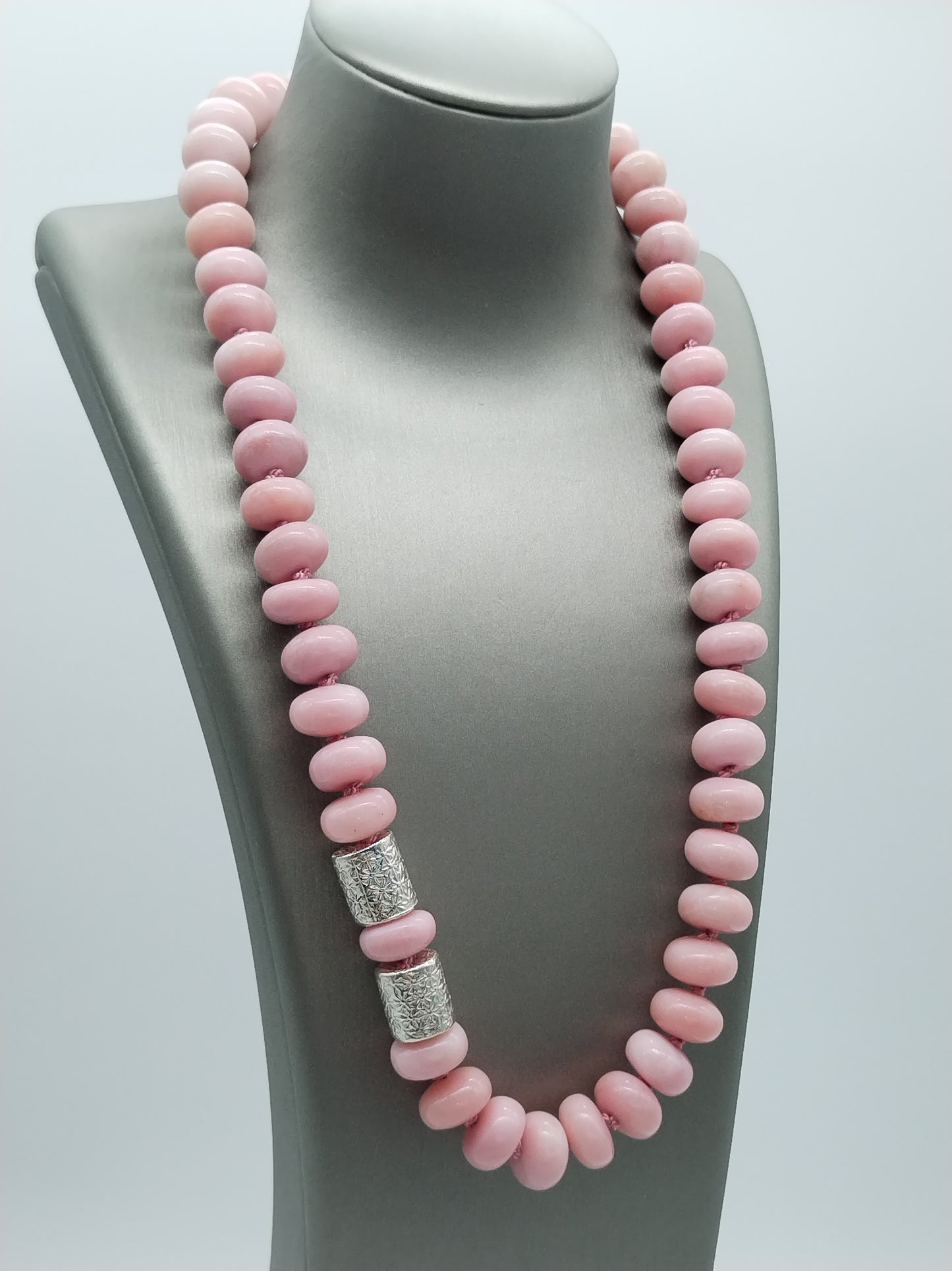 Genuine Peruvian Pink Opal Rondell Necklace, Large Bead sterling Silver Necklace, Chunky Han Knotted Choker