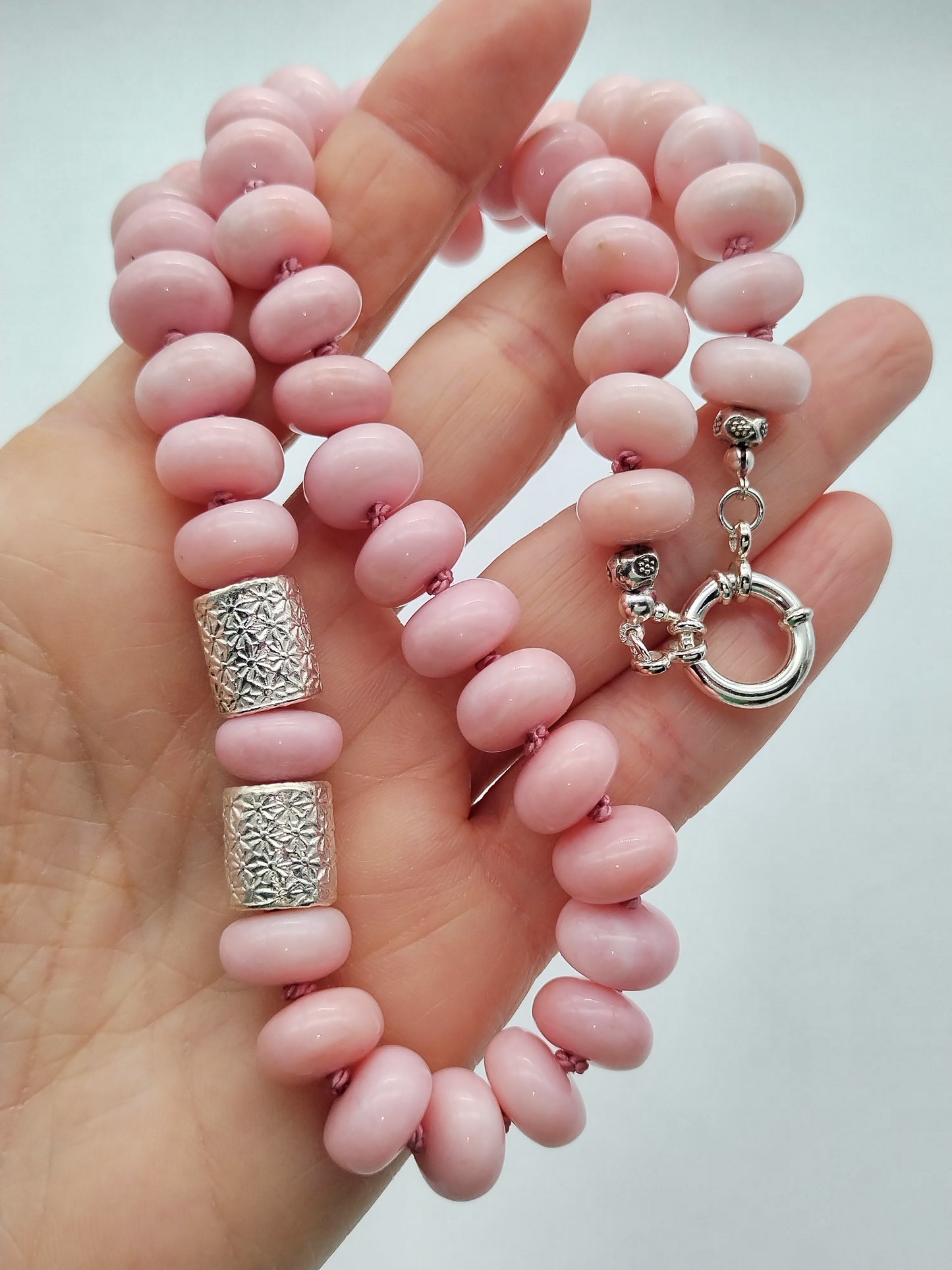 Genuine Peruvian Pink Opal Rondell Necklace, Large Bead sterling Silver Necklace, Chunky Han Knotted Choker