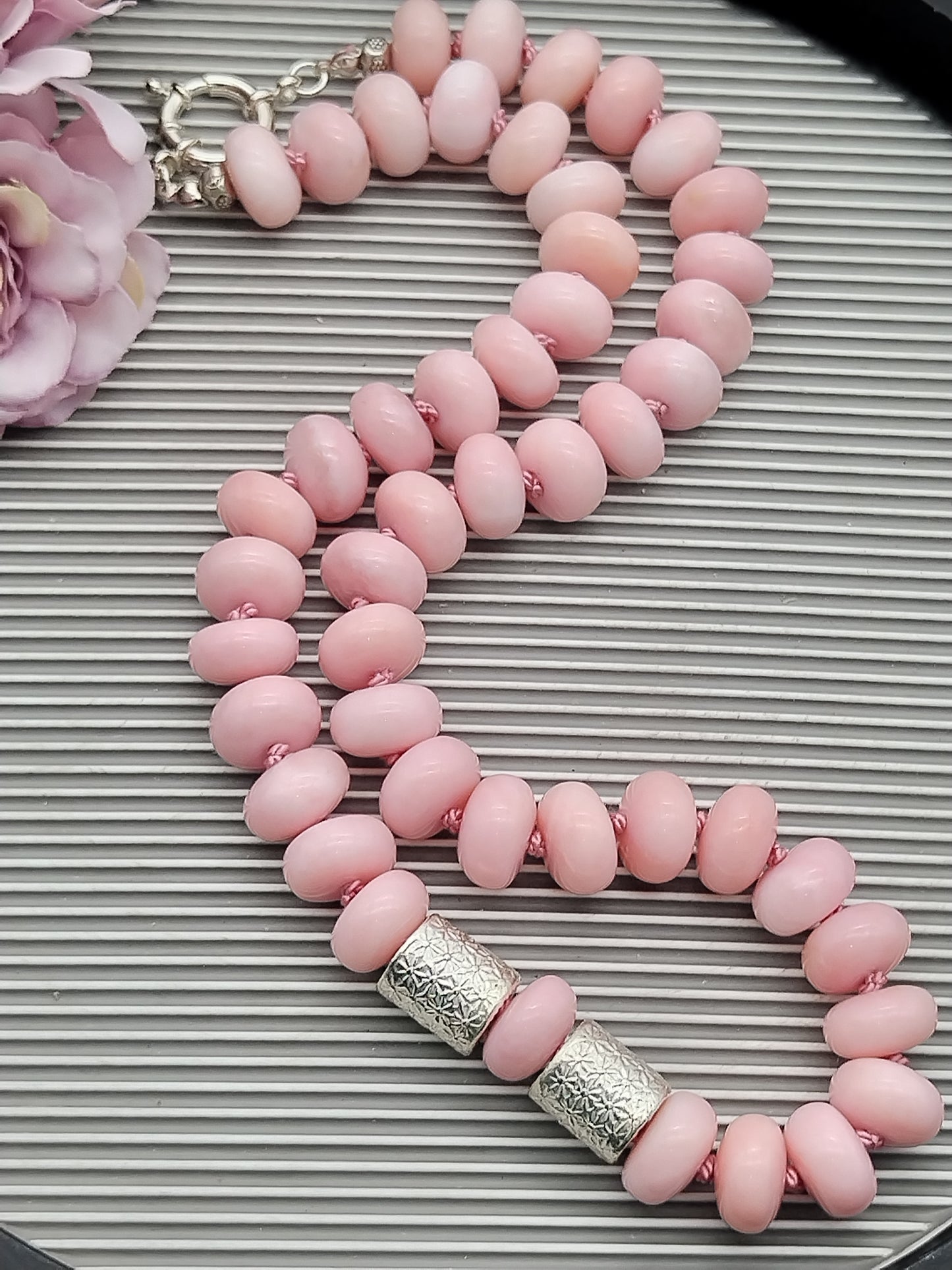 Genuine Peruvian Pink Opal Rondell Necklace, Large Bead sterling Silver Necklace, Chunky Han Knotted Choker