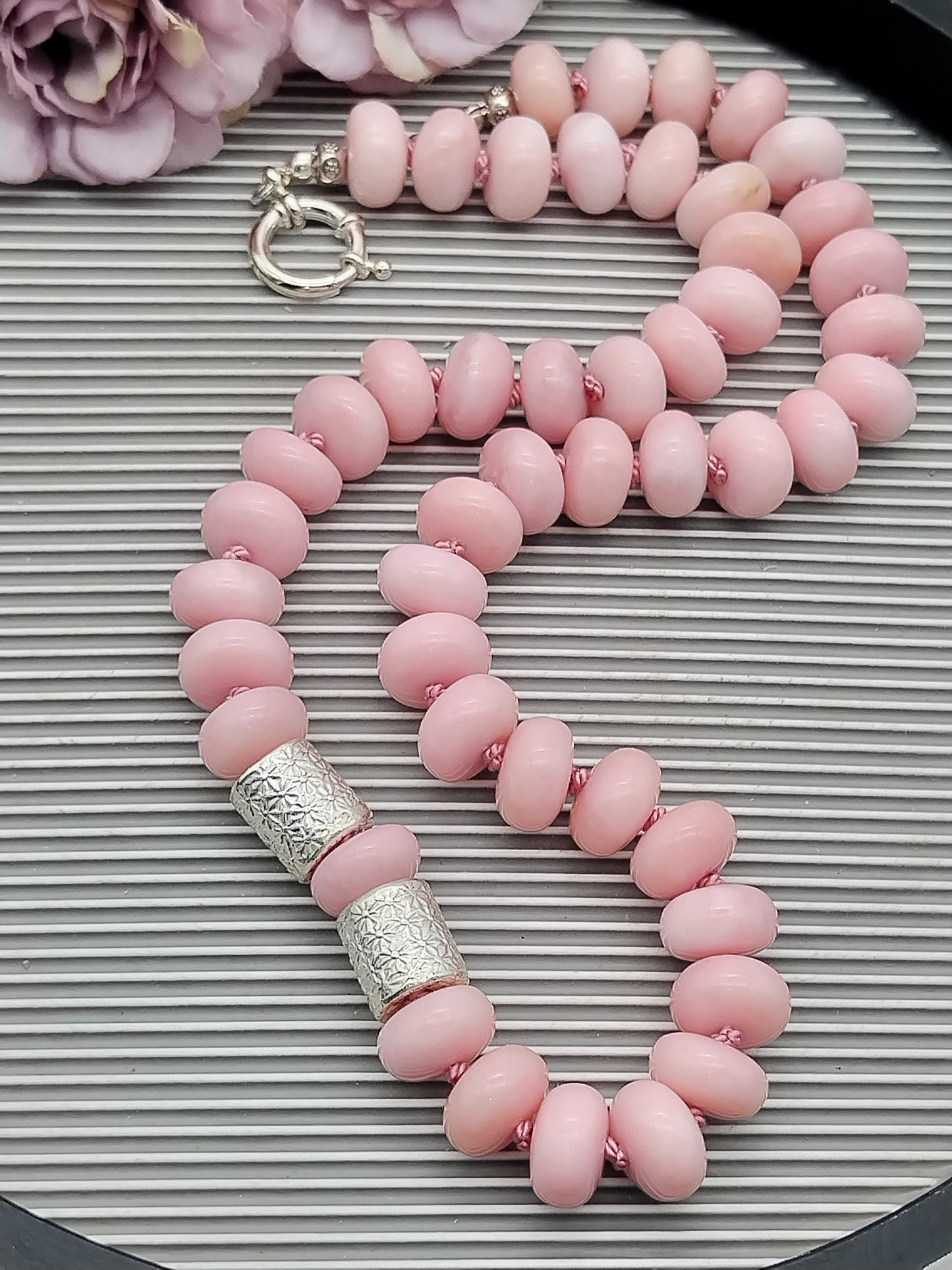 Genuine Peruvian Pink Opal Rondell Necklace, Large Bead sterling Silver Necklace, Chunky Han Knotted Choker