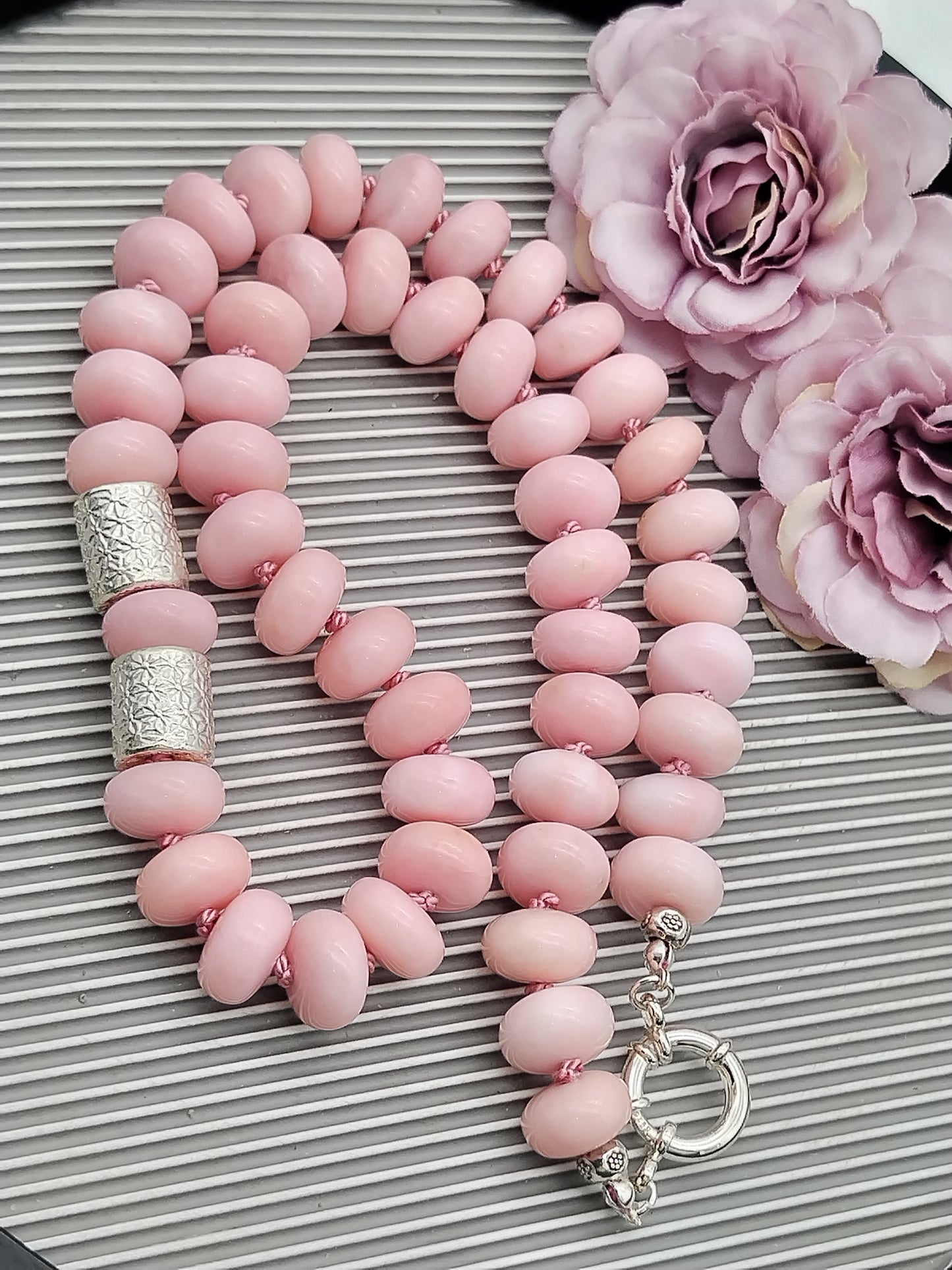 Genuine Peruvian Pink Opal Rondell Necklace, Large Bead sterling Silver Necklace, Chunky Han Knotted Choker