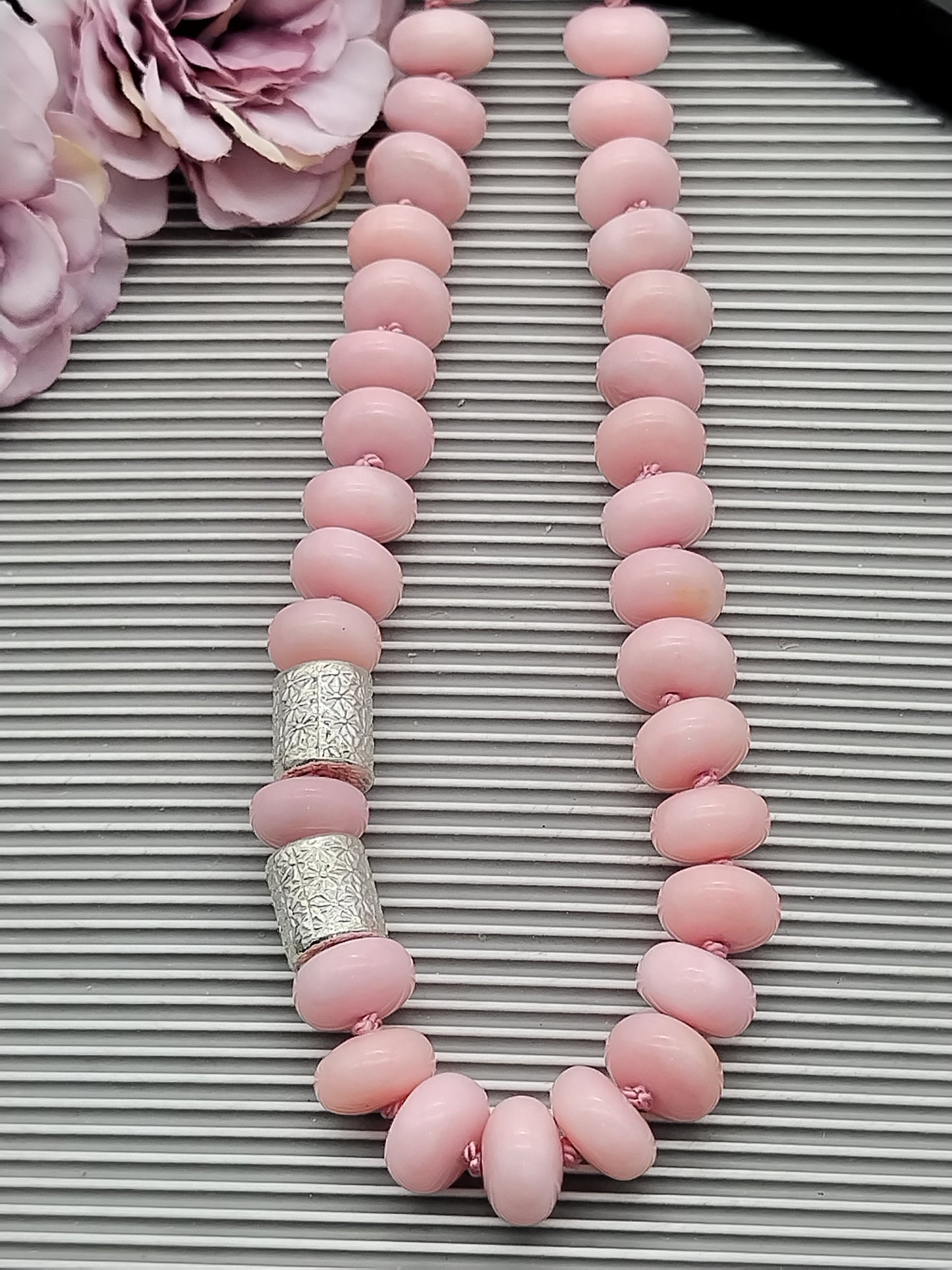 Genuine Peruvian Pink Opal Rondell Necklace, Large Bead sterling Silver Necklace, Chunky Han Knotted Choker