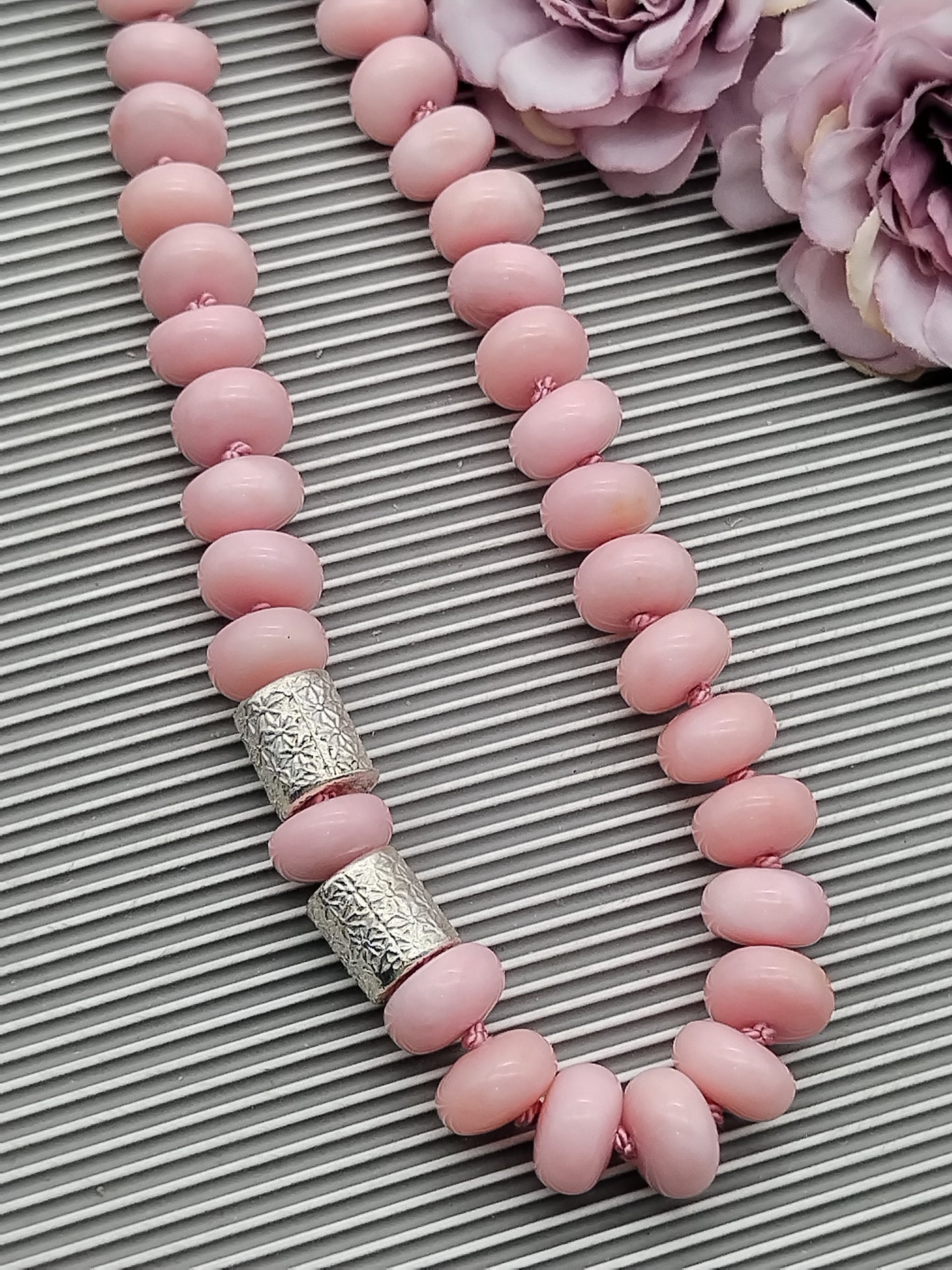 Genuine Peruvian Pink Opal Rondell Necklace, Large Bead sterling Silver Necklace, Chunky Han Knotted Choker