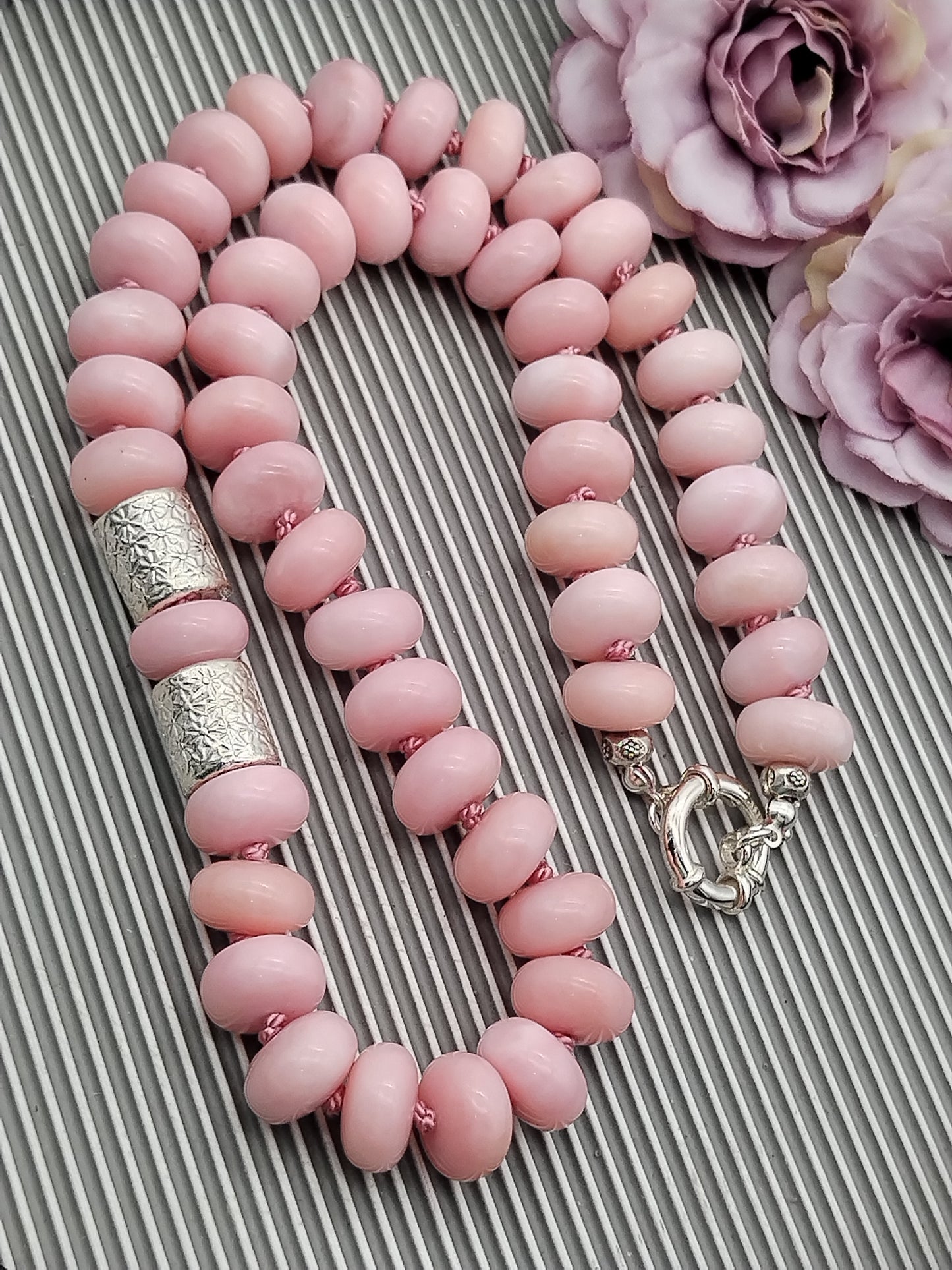 Genuine Peruvian Pink Opal Rondell Necklace, Large Bead sterling Silver Necklace, Chunky Han Knotted Choker