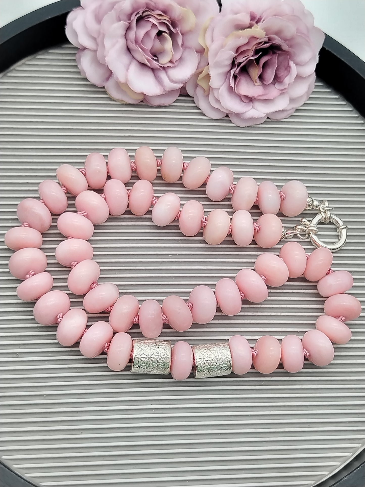 Genuine Peruvian Pink Opal Rondell Necklace, Large Bead sterling Silver Necklace, Chunky Han Knotted Choker