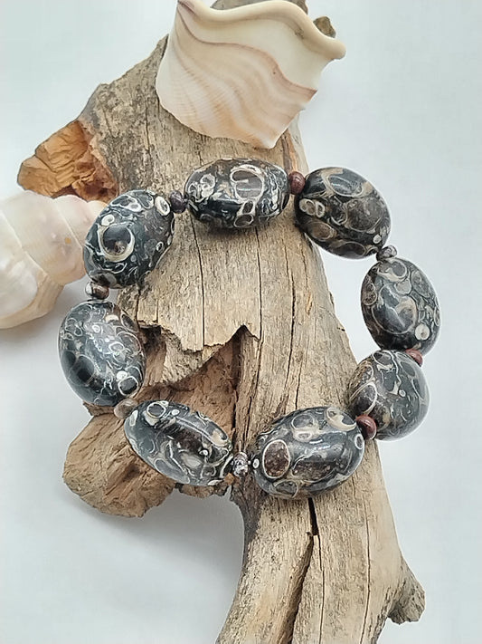 Turritela Agate Beaded Bracelet, Wild Horse Bracelet,Large Oval Gemstone Bracelet, Earthy Stack Bracelet, Women Jewelry