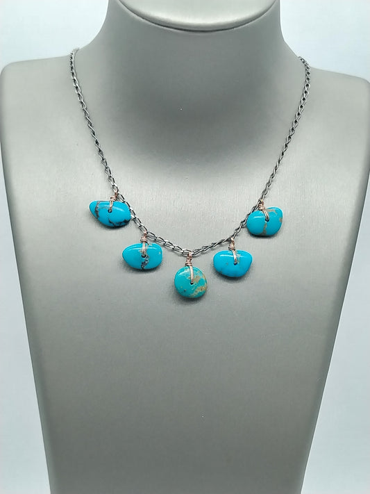 Genuine Turquoise Charm Necklace, Gemstone Sterling Silver Choker, Rose Gold Filled Jewelry