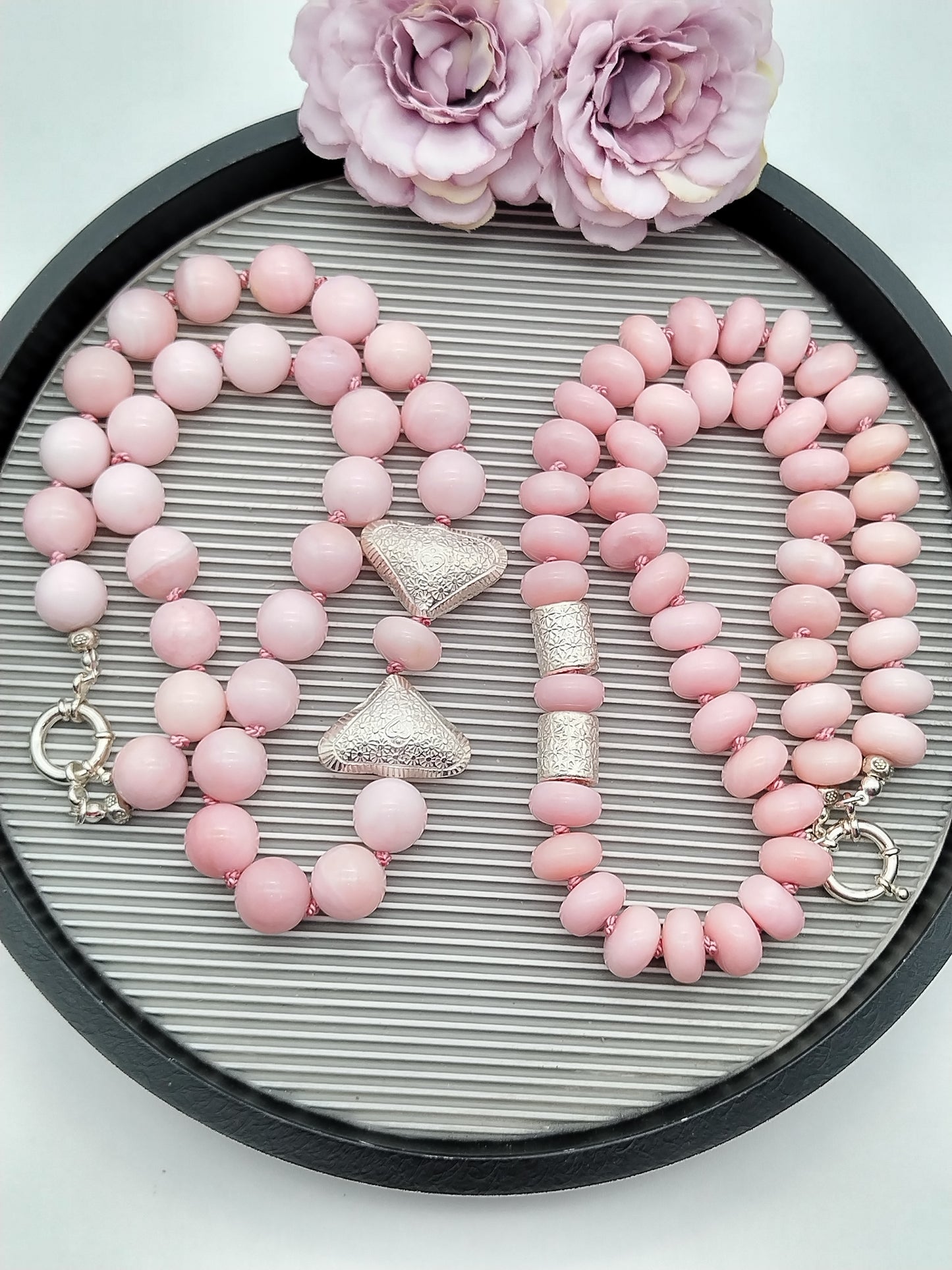 Genuine Peruvian Pink Opal Rondell Necklace, Large Bead sterling Silver Necklace, Chunky Han Knotted Choker