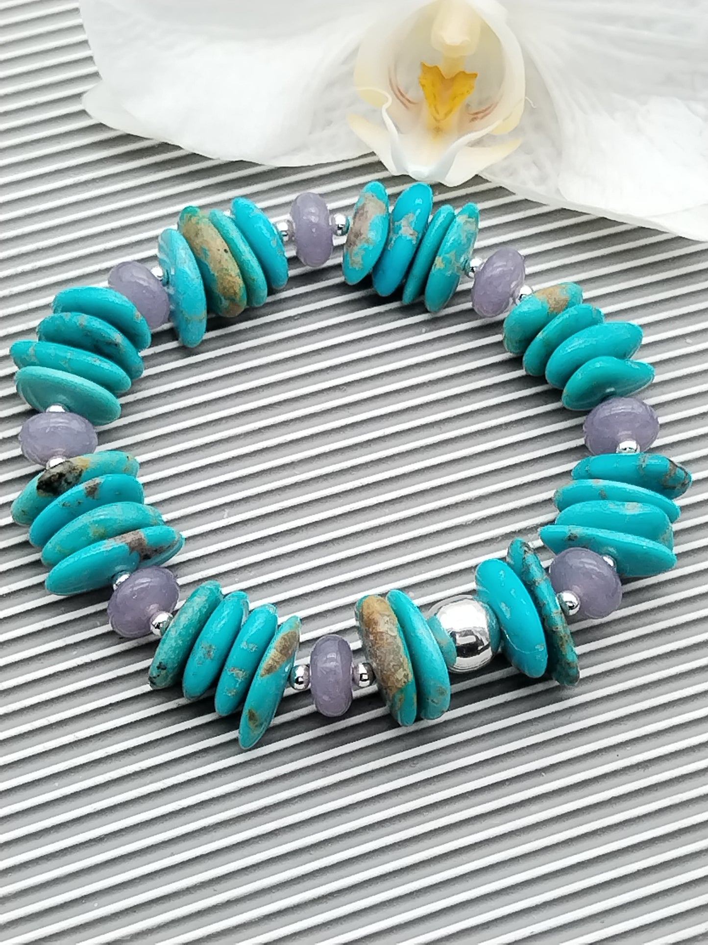 Genuine Turquoise and Lepidolite Bracelet, Stretch Sterling Silver Bracelet, Women Jewelry, Gifts for Her