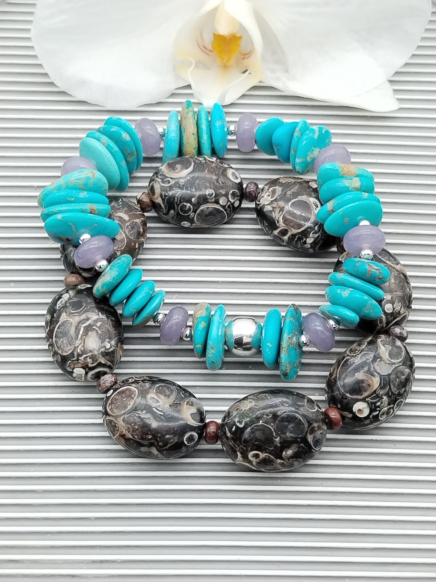 Genuine Turquoise and Lepidolite Bracelet, Stretch Sterling Silver Bracelet, Women Jewelry, Gifts for Her