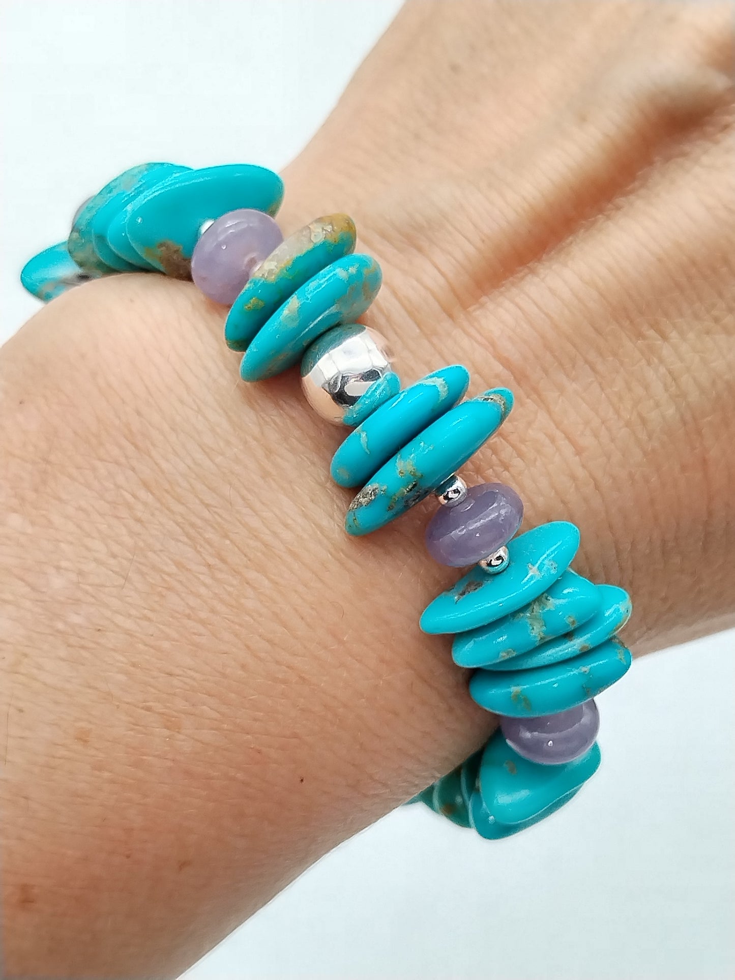 Genuine Turquoise and Lepidolite Bracelet, Stretch Sterling Silver Bracelet, Women Jewelry, Gifts for Her