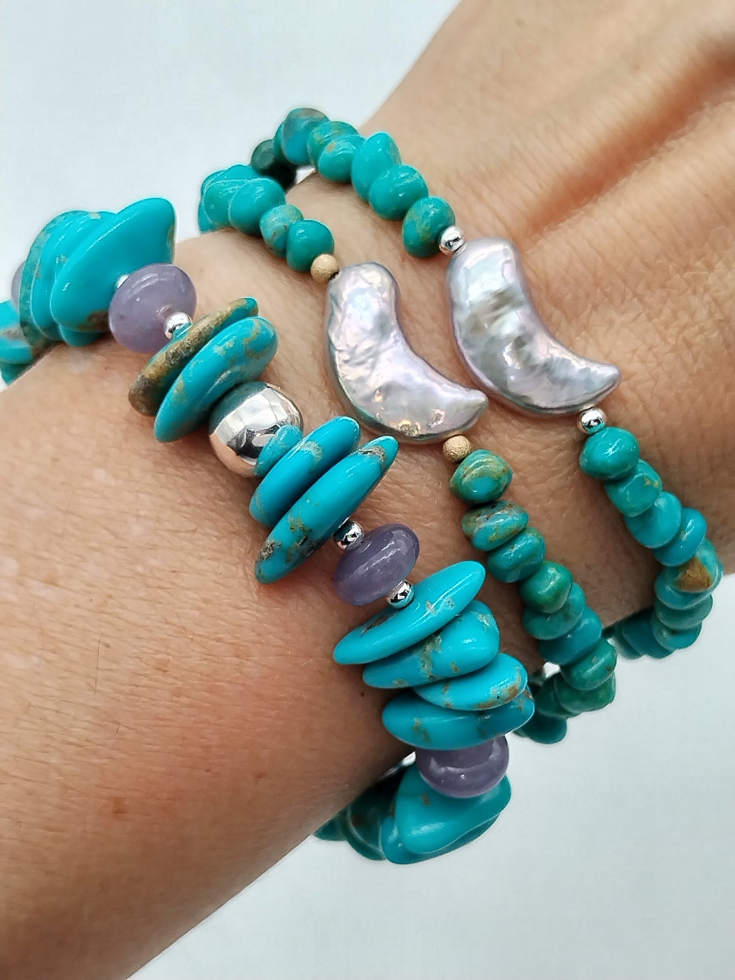 Genuine Turquoise and Lepidolite Bracelet, Stretch Sterling Silver Bracelet, Women Jewelry, Gifts for Her