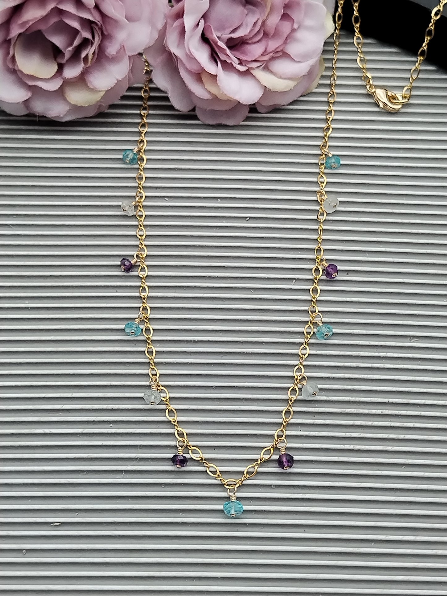 Amethyst, Aquamarine and Apatite Necklace, Multi Gemstone Necklace, Delicate Gold Filled Necklace, Beaded Necklace, Christmas Gifts, Gifts for Women, Dainty Jewelry