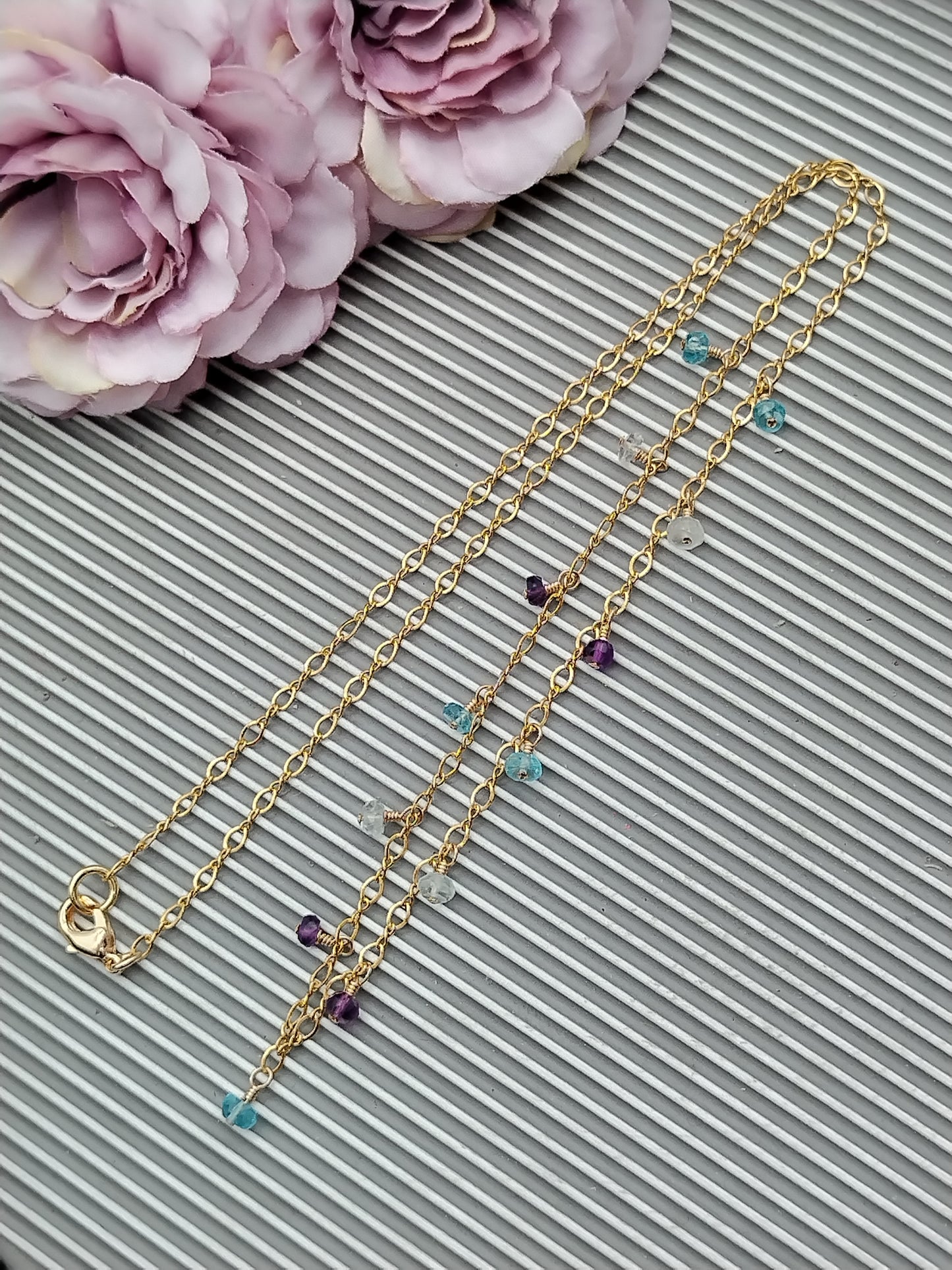 Amethyst, Aquamarine and Apatite Necklace, Multi Gemstone Necklace, Delicate Gold Filled Necklace, Beaded Necklace, Christmas Gifts, Gifts for Women, Dainty Jewelry