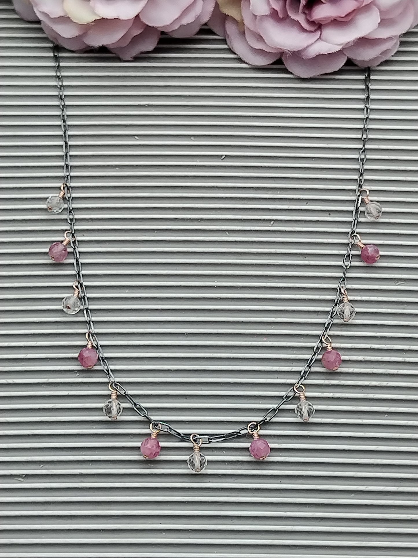 Collar con piedras preciosas de turmalina y cuarzo rosa, gargantilla de plata de ley, chapado en oro rosa de 14 k, regalo