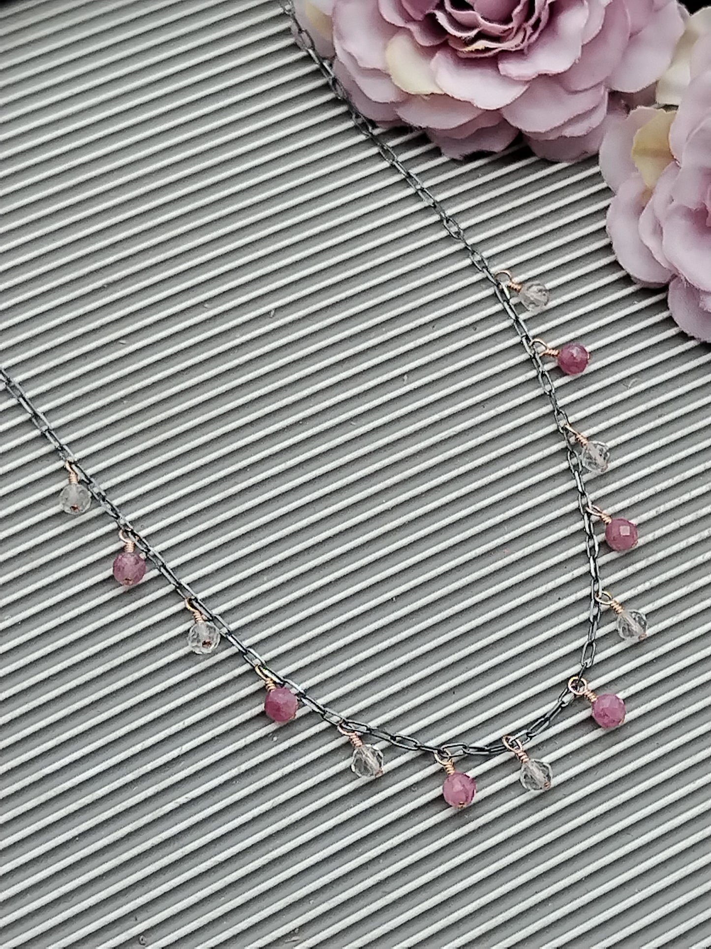 Collar con piedras preciosas de turmalina y cuarzo rosa, gargantilla de plata de ley, chapado en oro rosa de 14 k, regalo