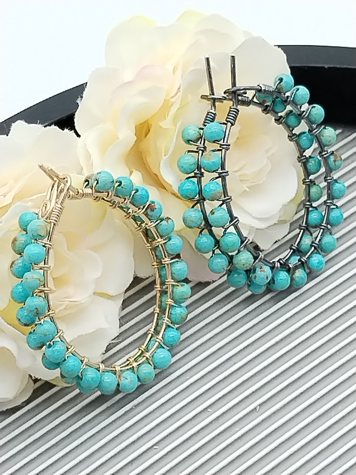 Genuine Baja Turquoise Hoop Earrings, 14k Gold Filled, Large Gemstone Earrings, Gifts for her, Valentine´s Gifts, Lagoon Blue