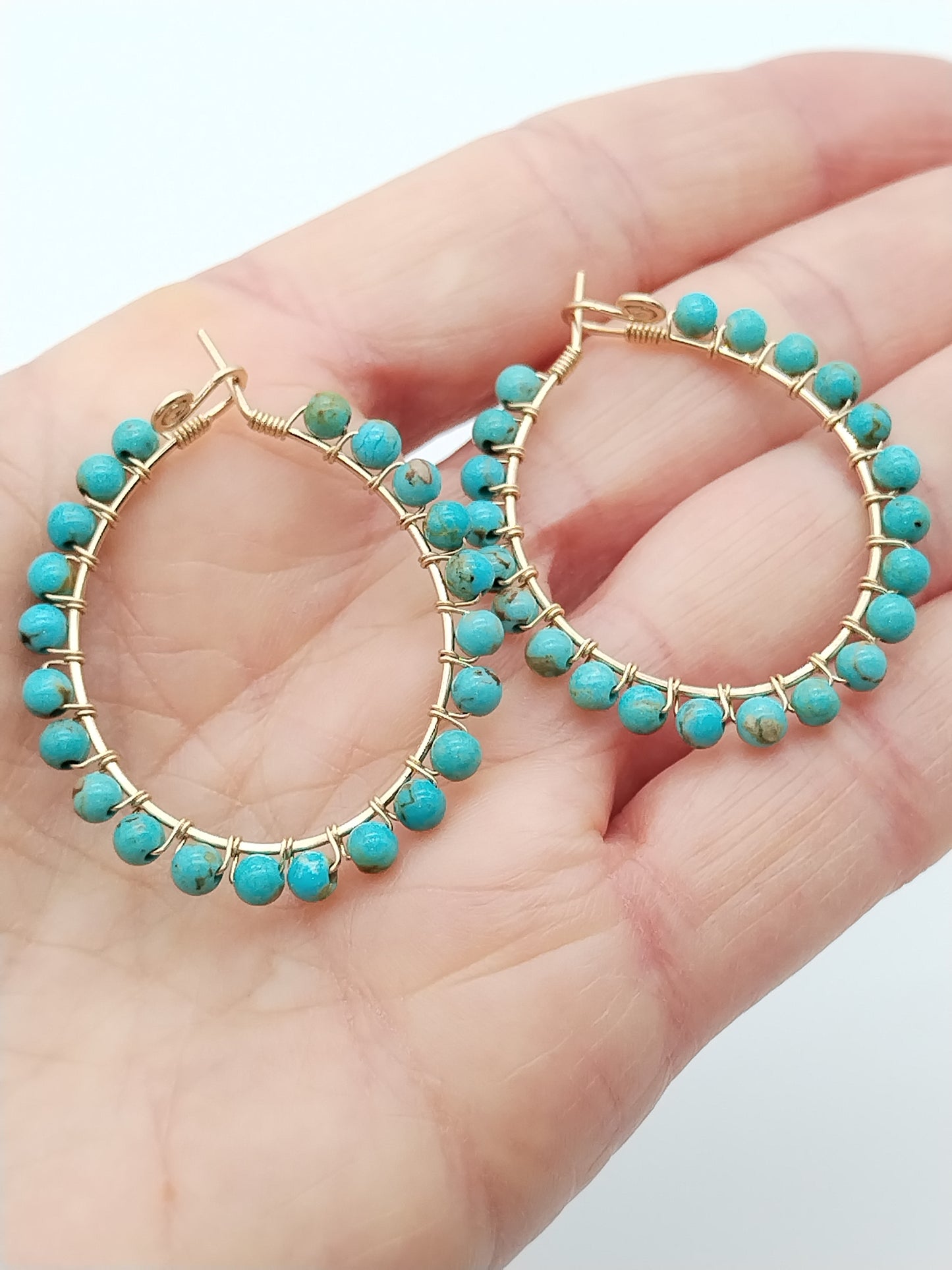 Aros de turquesa genuina de Baja California, chapados en oro de 14 k, aretes grandes con piedras preciosas, regalos para ella, regalos de San Valentín, azul laguna