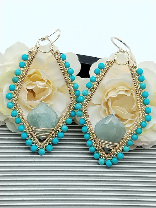 Pendientes colgantes grandes de turquesa y aguamarina, pendientes de aro de turquesa genuina, rellenos de oro de 14 k, regalos para ella, estilo boho chic, estilo vaquera, regalo