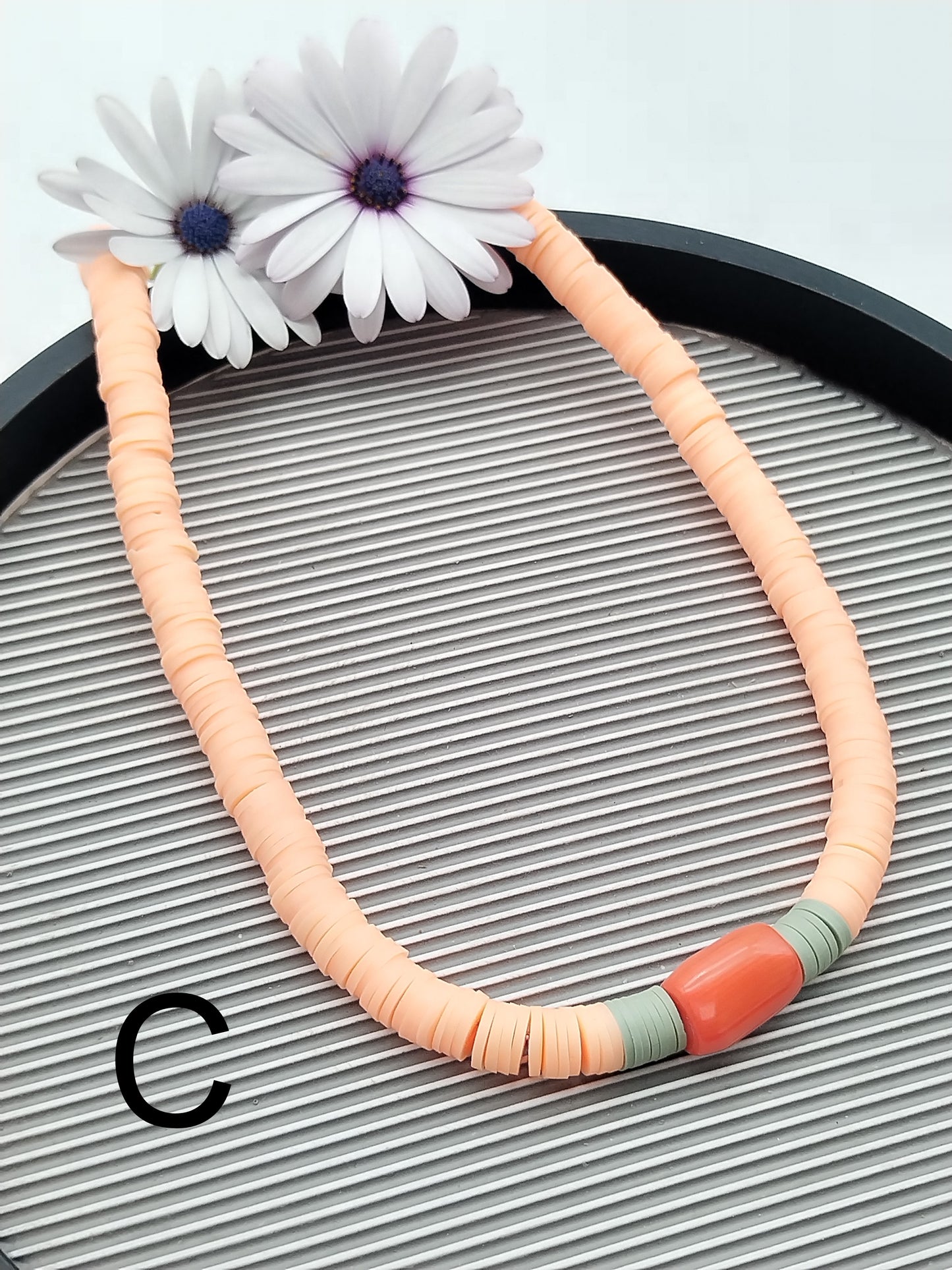 Vinyl Heishi Necklace with Matte Gold Charm. Colorful Necklace