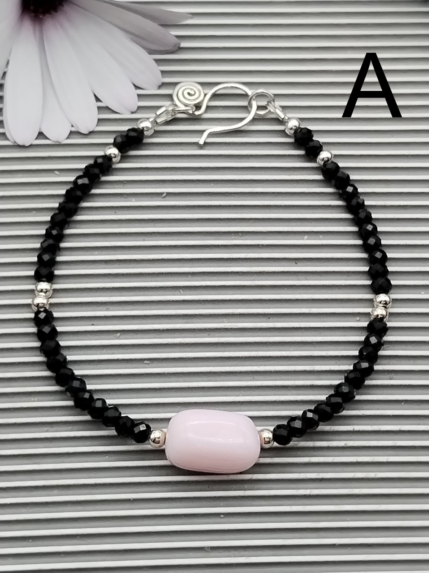 Peruvian Pink Opal & Black Spinel Beaded Bracelet, Gemstone Sterling Silver 925