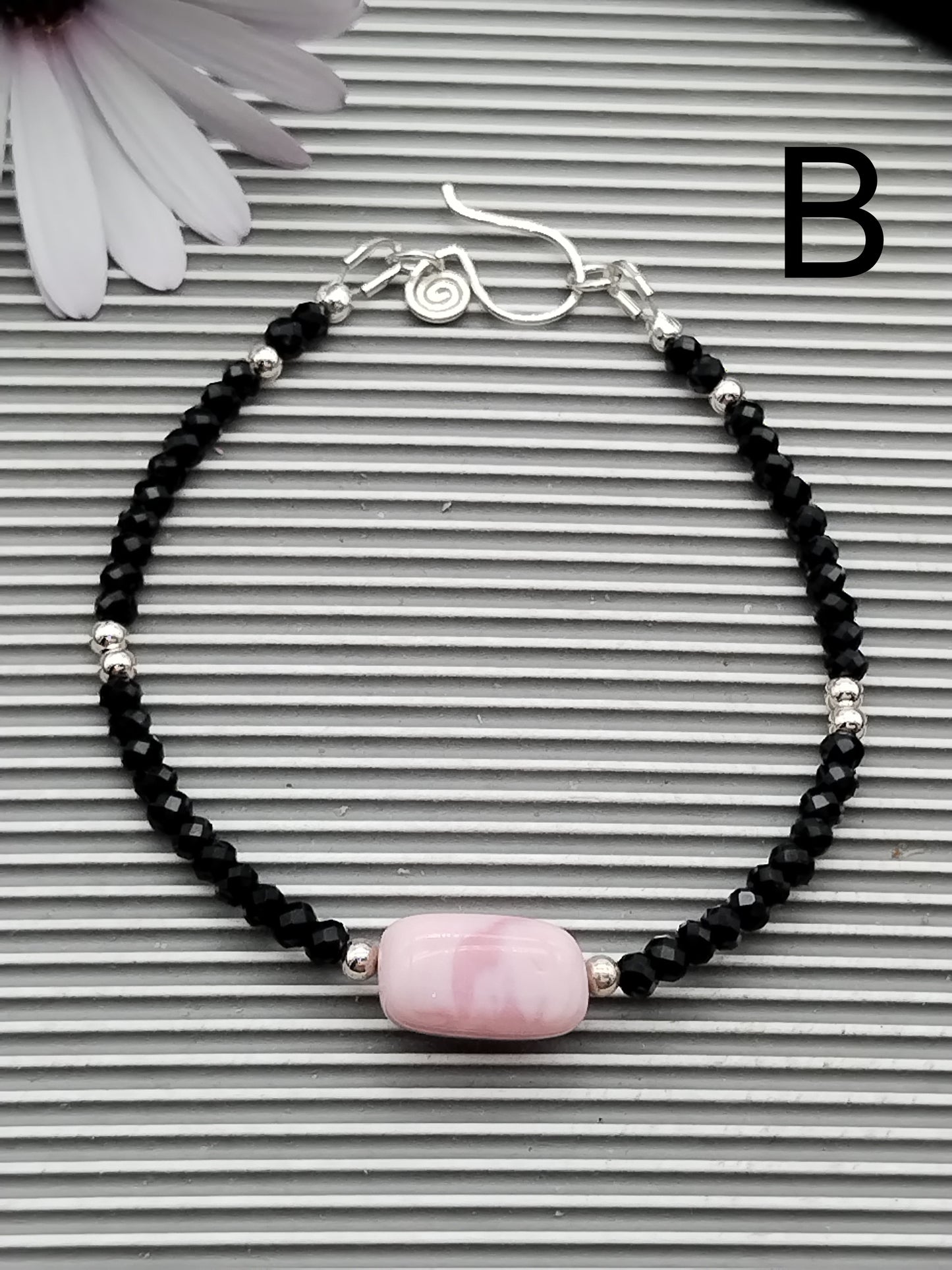 Peruvian Pink Opal & Black Spinel Beaded Bracelet, Gemstone Sterling Silver 925