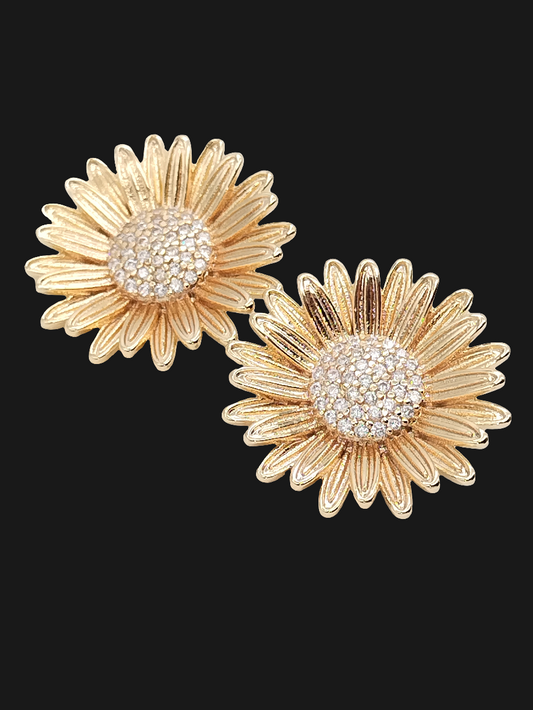 Sun Flower Earrings, Button Gold Studs, CZ sparkling, Women Jewelry, Gifts, Girls