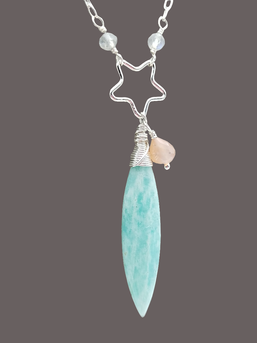 Amazonite Long Necklace, Drop Gemstone Necklace, Sterling Silver 925 Necklace