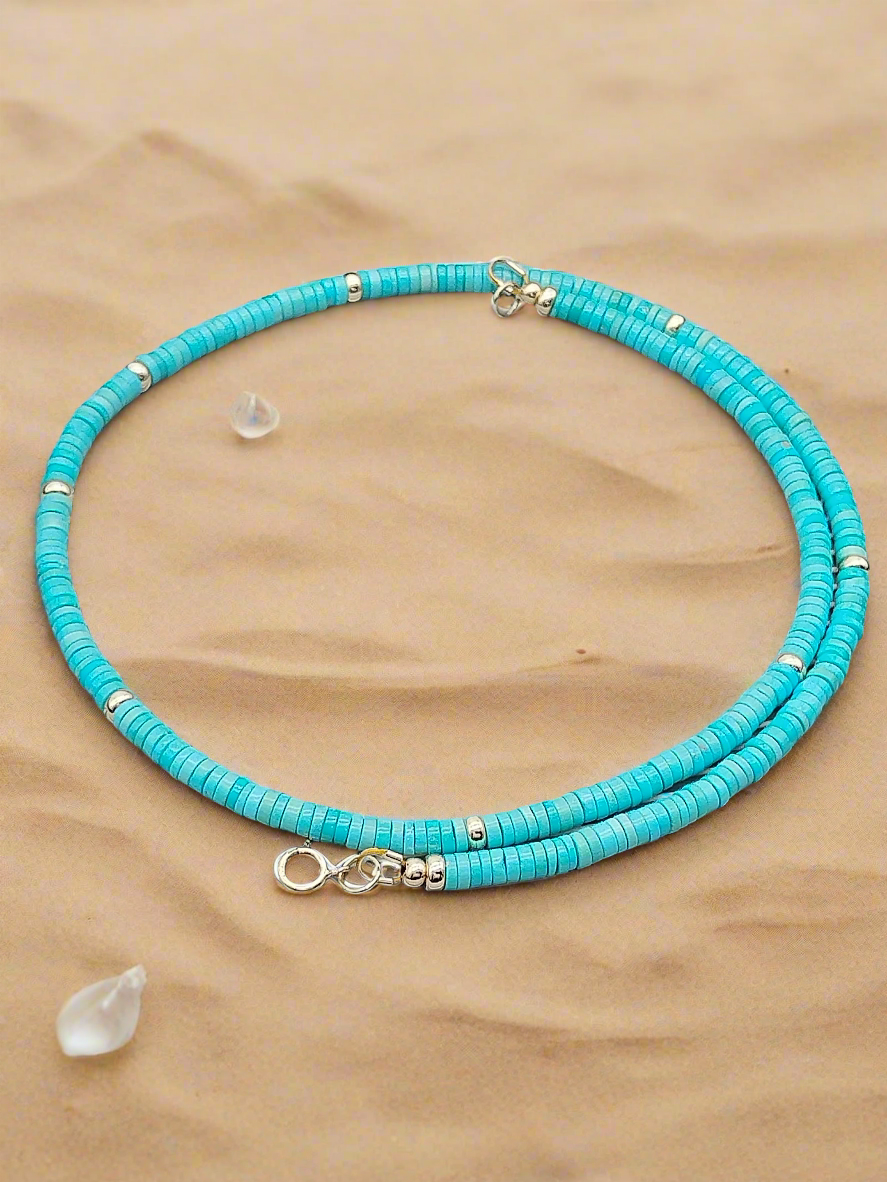 Genuine Sleeping Beauty Turquoise Heishi Necklace, 14k Solid Gold Choker