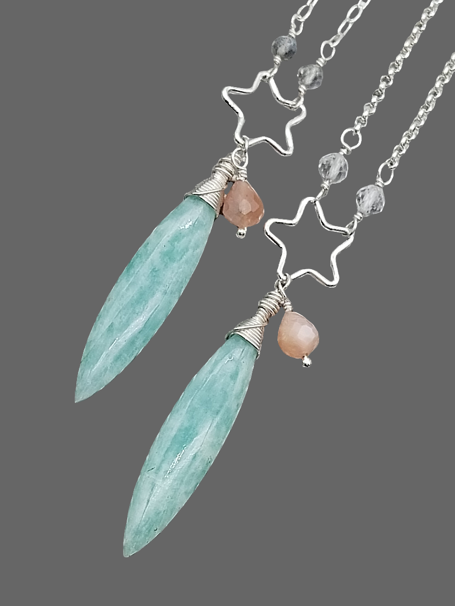 Amazonite Long Necklace, Drop Gemstone Necklace, Sterling Silver 925 Necklace