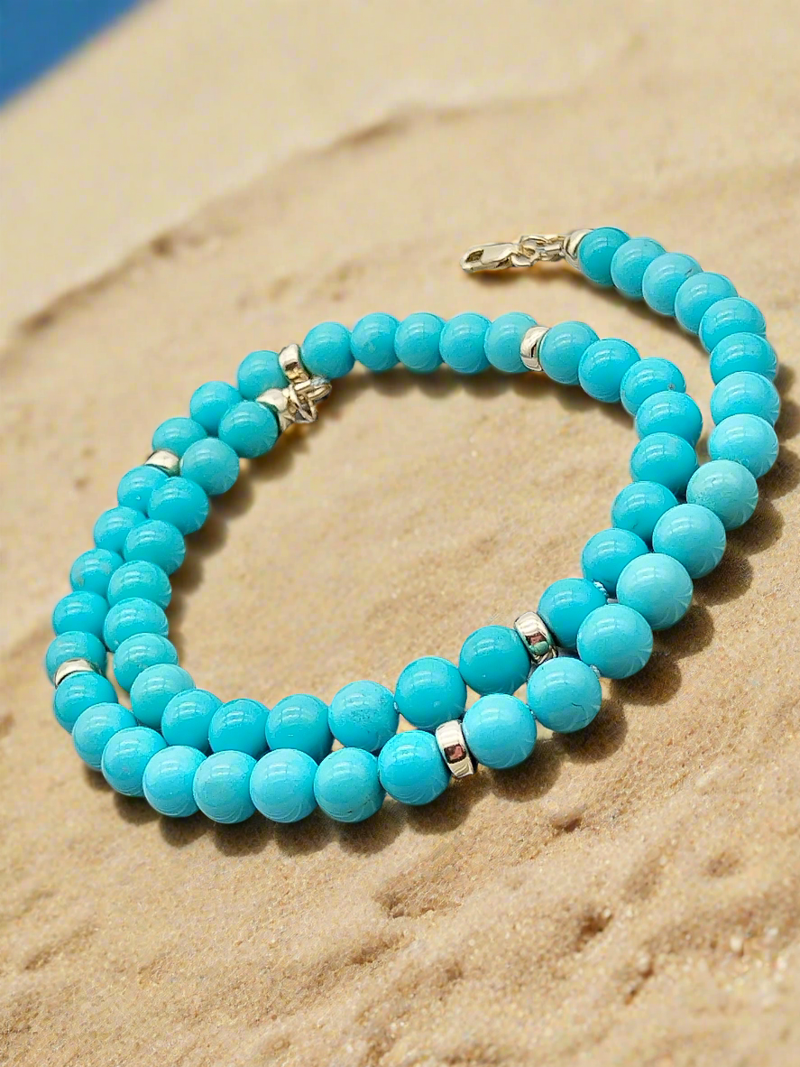 Genuine Turquoise Beads Solid Gold Necklace, Mina María Turquoise Choker, Silk Hand-Knotted it