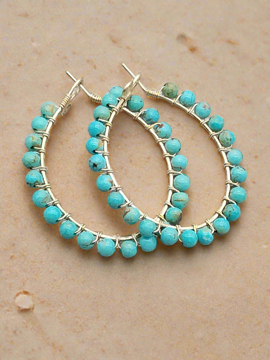 Genuine Baja Turquoise Hoop Earrings, 14k Gold Filled, Large Gemstone Earrings, Gifts for her, Valentine´s Gifts, Lagoon Blue