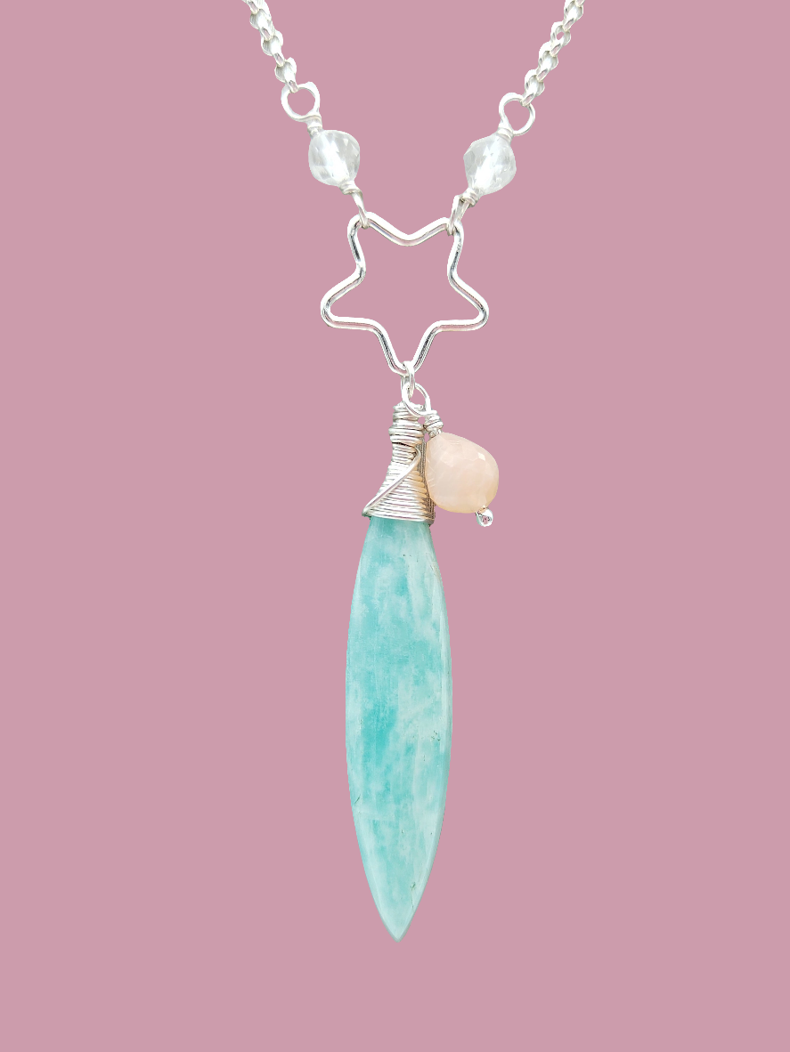 Amazonite Long Necklace, Drop Gemstone Necklace, Sterling Silver 925 Necklace