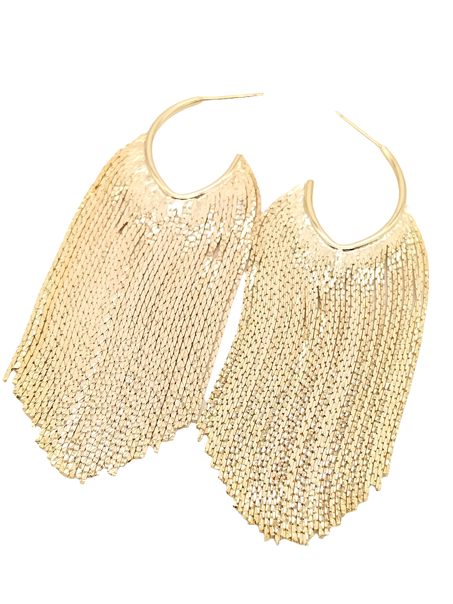 Gold Tassel Hoops, Festive Fringe Hoop Earrings, Sparkling, Large and Long, Gift, Holidays, Women