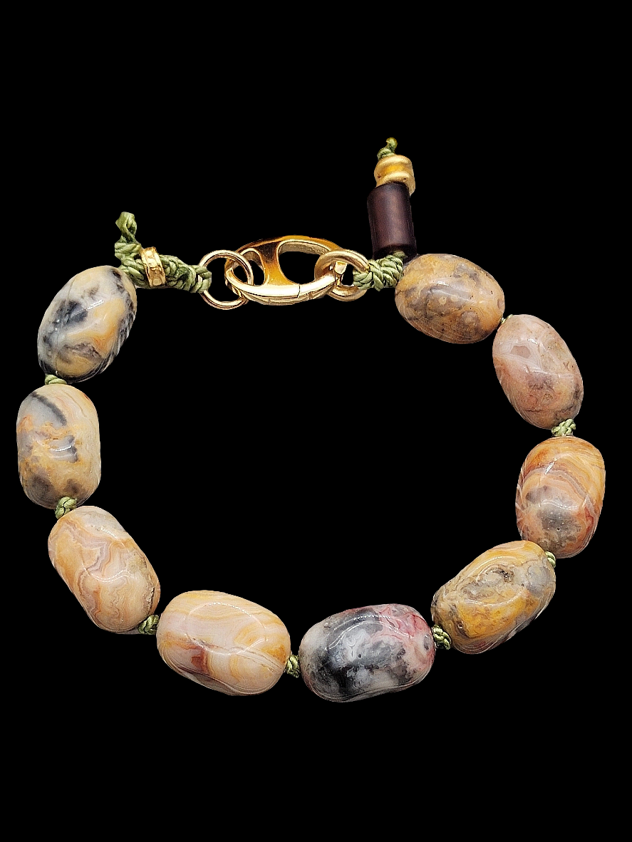 Crazy Lace Agate Barrel Bracelet, 14k Gold Filled, Hand knotted on Silk