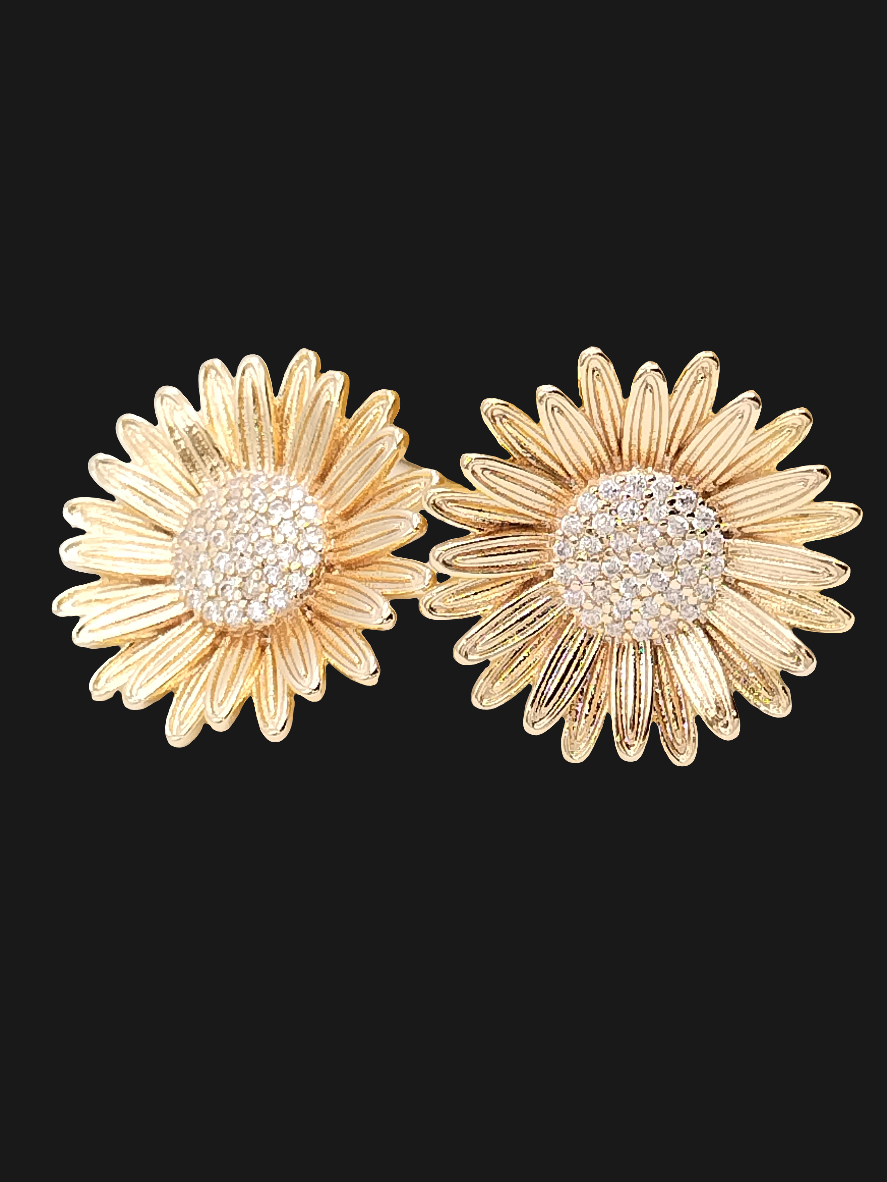 Sun Flower Earrings, Button Gold Studs, CZ sparkling, Women Jewelry, Gifts, Girls