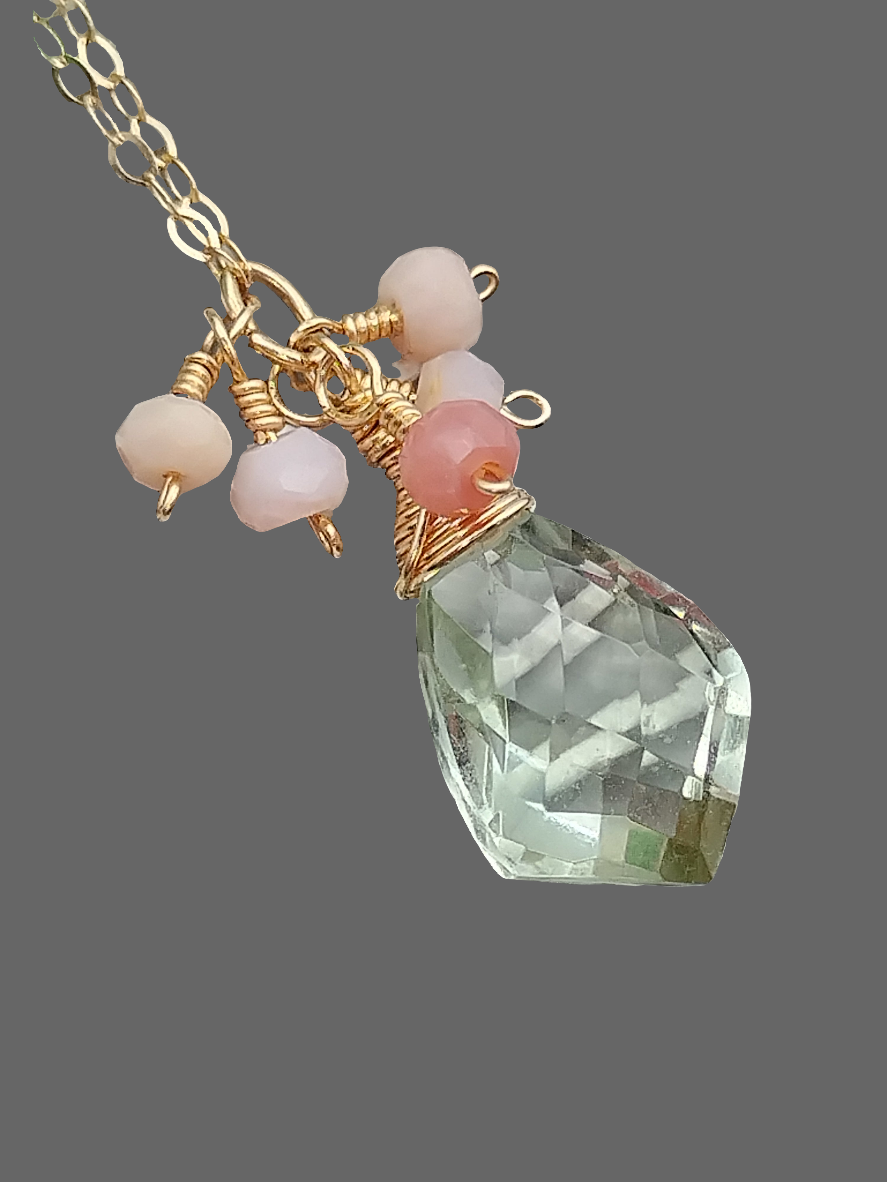 Prasiolite, Green Onyx, Peruvian Pink Opal Dangle Necklace, 14k Gold Filled Drop Necklace, Delicate Gemstone Choker