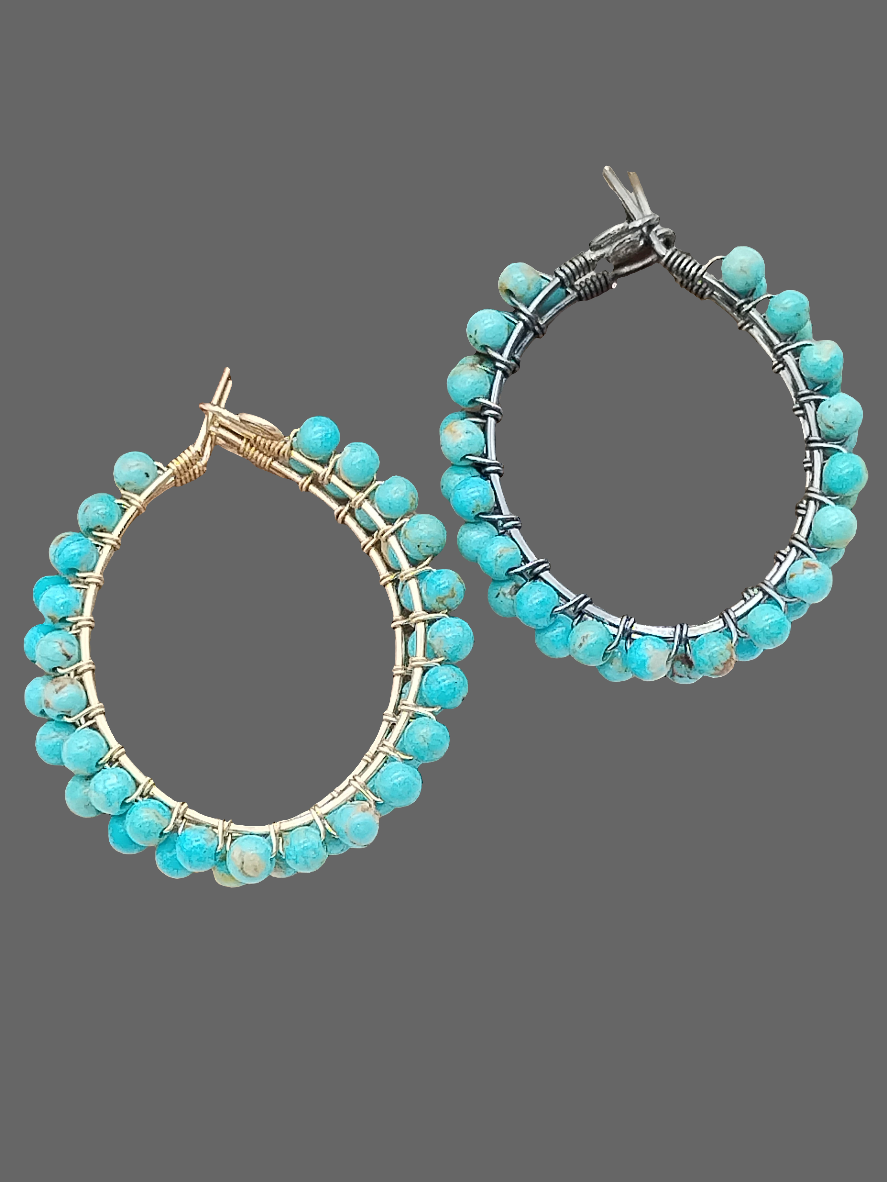 Genuine Baja Turquoise Hoop Earrings, 14k Gold Filled, Large Gemstone Earrings, Gifts for her, Valentine´s Gifts, Lagoon Blue