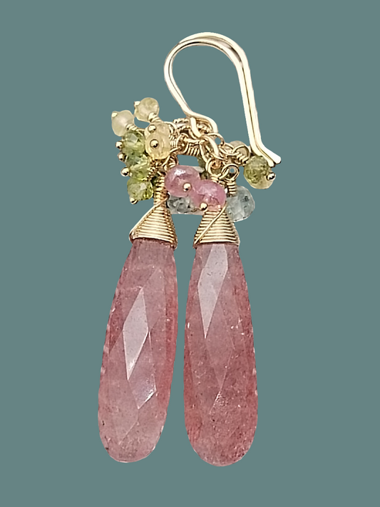 Strawberry Quartz Drop Dangle Earrings, 14k Gold Filled