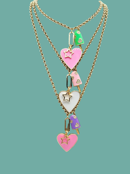 Barbie Pink Heart Pendant Necklace, 14k Gold Filled Colorful Choker, Layering Star Rollo Gold Chain Necklace, Fun Ice Cream Necklace