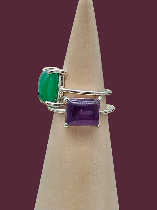 Anillo de plata esterlina con piedras preciosas, anillo de plata de amatista de este a oeste, anillo de cabujón de ónix verde