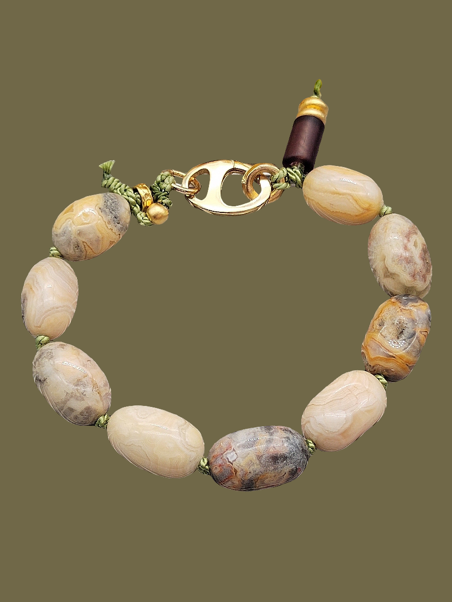 Crazy Lace Agate Barrel Bracelet, 14k Gold Filled, Hand knotted on Silk