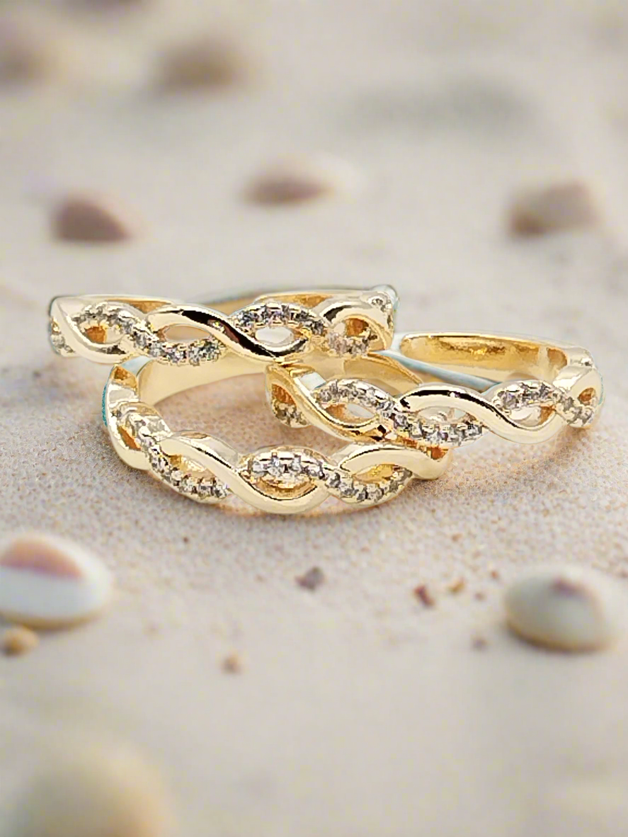 Adjustable Braided Gold Ring with Cubic Zirconia 