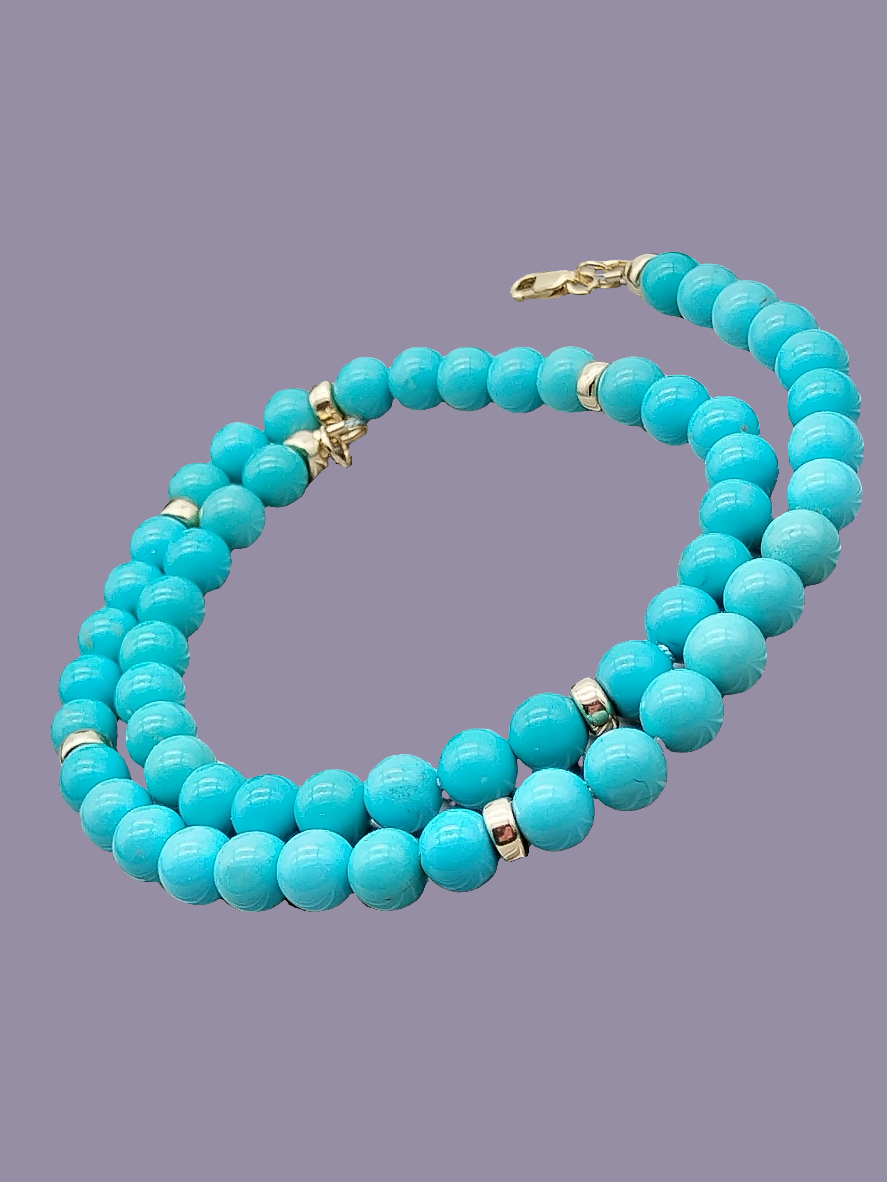 Genuine Turquoise Beads Solid Gold Necklace, Mina María Turquoise Choker, Silk Hand-Knotted it